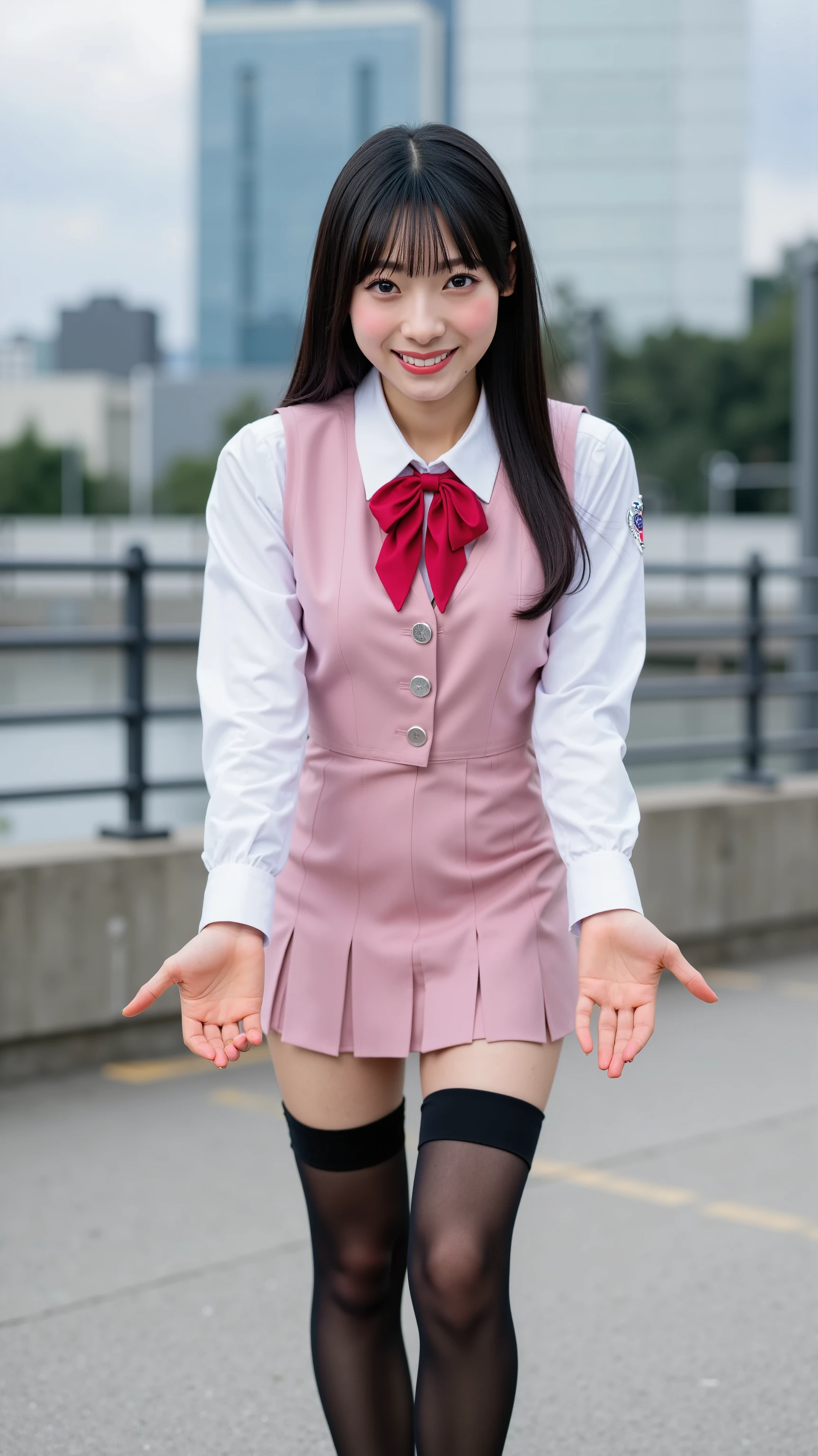 A high resolution photograph of a Japanese young woman, masterpiece, amazing quality, intricate details, professional lighting, fashion shoot, solo, 1girl, a office lady, full body, (tall, small head, small face, tiny breasts, slender, slim and thin body), straight long black hair with bangs, detailed face, detailed eyes, sophisticated nose, smiling, looking at the viewer, (lite-pink office lady uniform, vest, white collared shirt, red bowtie, pleated mini-skirt, black thighhighs, zettai-ryouiki, pumps:1.2), (arms reached out horizontally in front of herself, open hands, showing both palms facing up:2.5), outdoors,