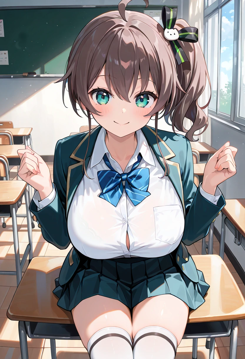 masterpiece, best quality,high resolution、realistic、Detailed、((extremely delicate and beautiful fabric):1.3)、 8k、large boob、 1girl, solo, skirt, jacket, shirt, blue eyes, white shirt, necktie, green necktie, black hair, pleated skirt, socks, diagonal-striped necktie, open jacket, open clothes, striped necktie, collared shirt, black jacket, black skirt, striped, blazer, short hair, long sleeves, bangs, , black socks, diagonal stripes, hairband, hair ribbon, ribbon, blue hairband, dress shirt, bow, cowboy shot, smile,cleavage、ondesk、classroom、(skirt lift:1.5)、(side tie white panties:1.5)、(kneeling:1.5)、