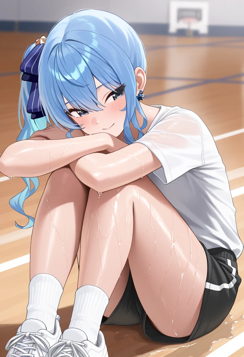 highest quality, masterpiece, High resolution, alone, {Shima_Also_yuru camp:1.15}, green_hair, purple_eye, closed_mouth, single_hair_good, hair_good, 1 girl, 前hair, blurry, blurry_background, (volleyball uniform:1.3)、(barefoot)、dark blue socks,(sports boots)、full body shot