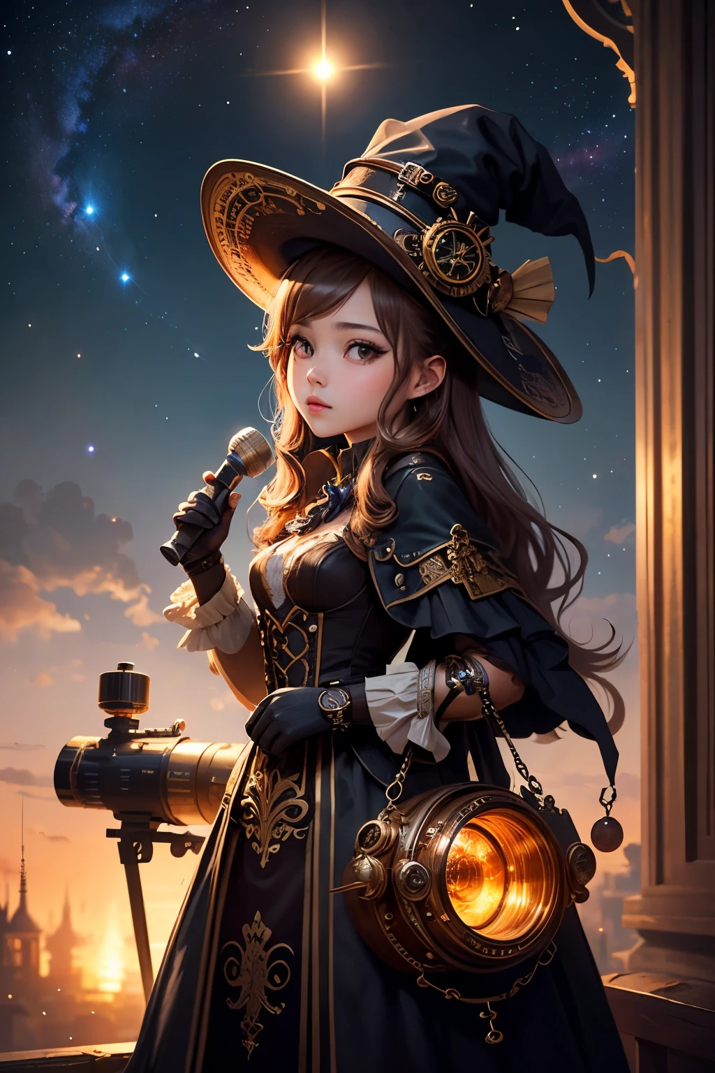 A girl wearing a college blue starry sky big magic robe, light brown hair, starry wine red eyes, catwoman, frowning, wearing a big magician hat --auto --s2