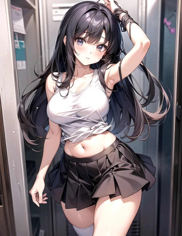 best quality,1girl,((big breasts:1.3)),((((loli,10 years old,,little girl:1.3)))),curvy,orgasm,blush,blue eyes,black hair,long hair,((two side up:1.1)),((white tank top,black skirt,mini skirt,lift skirt,upskirt,white panties,black thighhighs:1.1)),((walking1.3)),see through,classroom,Carry a school bag
