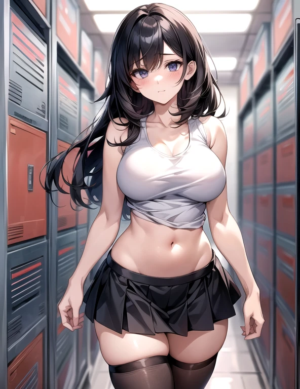 This is a locker room at a Japanese high school.、A high school girl changing clothes in the locker room is in the process of changing clothes.、I'm taking off my skirt、The upper body is in underwear、淡い水色のUnderwear is visible、R-18 、erotic manga、erotic illustration、adult doujinshi、Underwear is visible、They have pubic hair growing on their thighs.、A woman with a good amount of flesh
