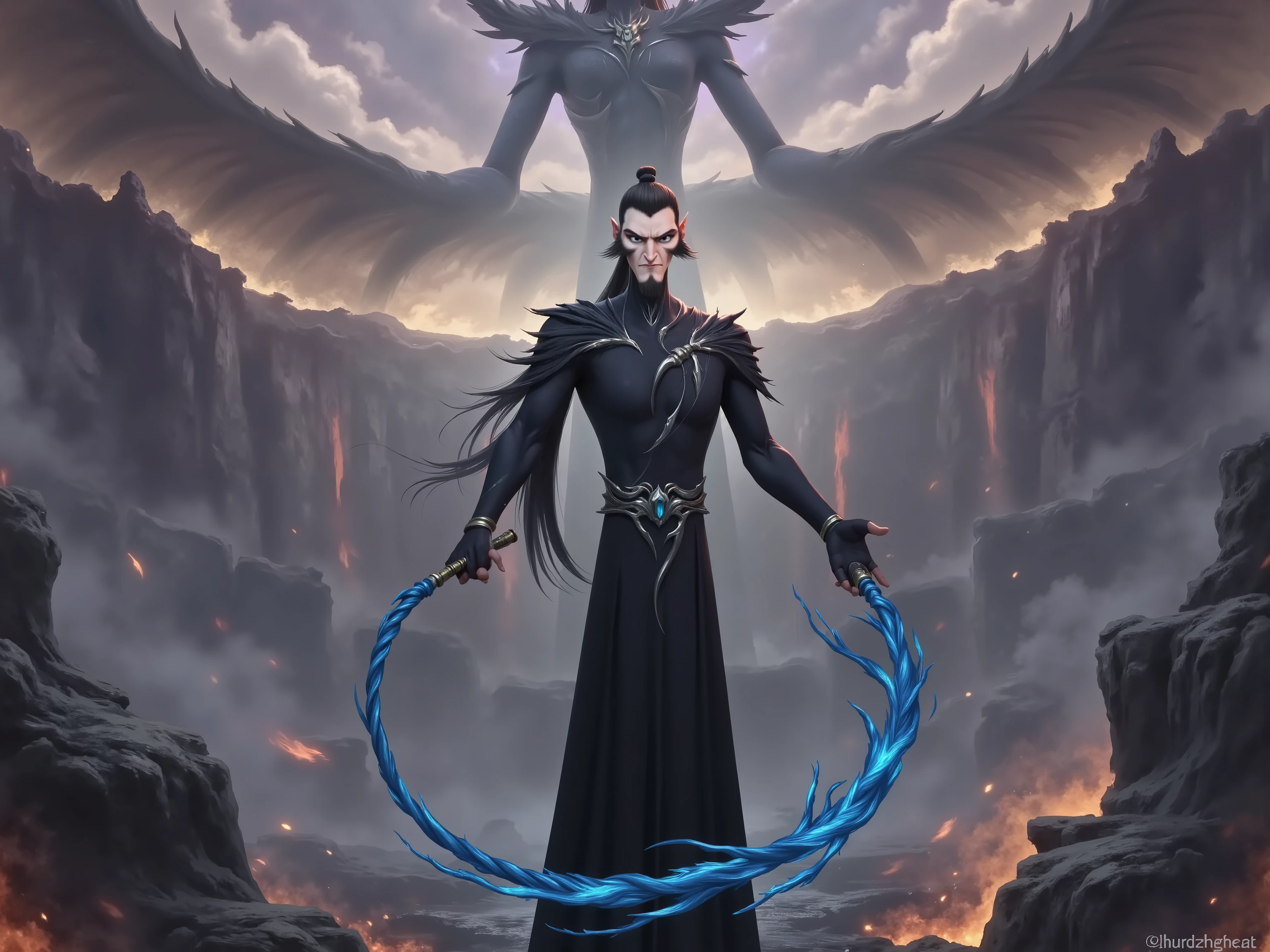 ( masterpiece, top quality:1.2), Game anime characters, alone,beard, Black Robe ,slim。Holding a blue whip in his hand。Kung Fu Action ,flame,cliff,Ominous clouds,dragon,Grand scene,Large game scene