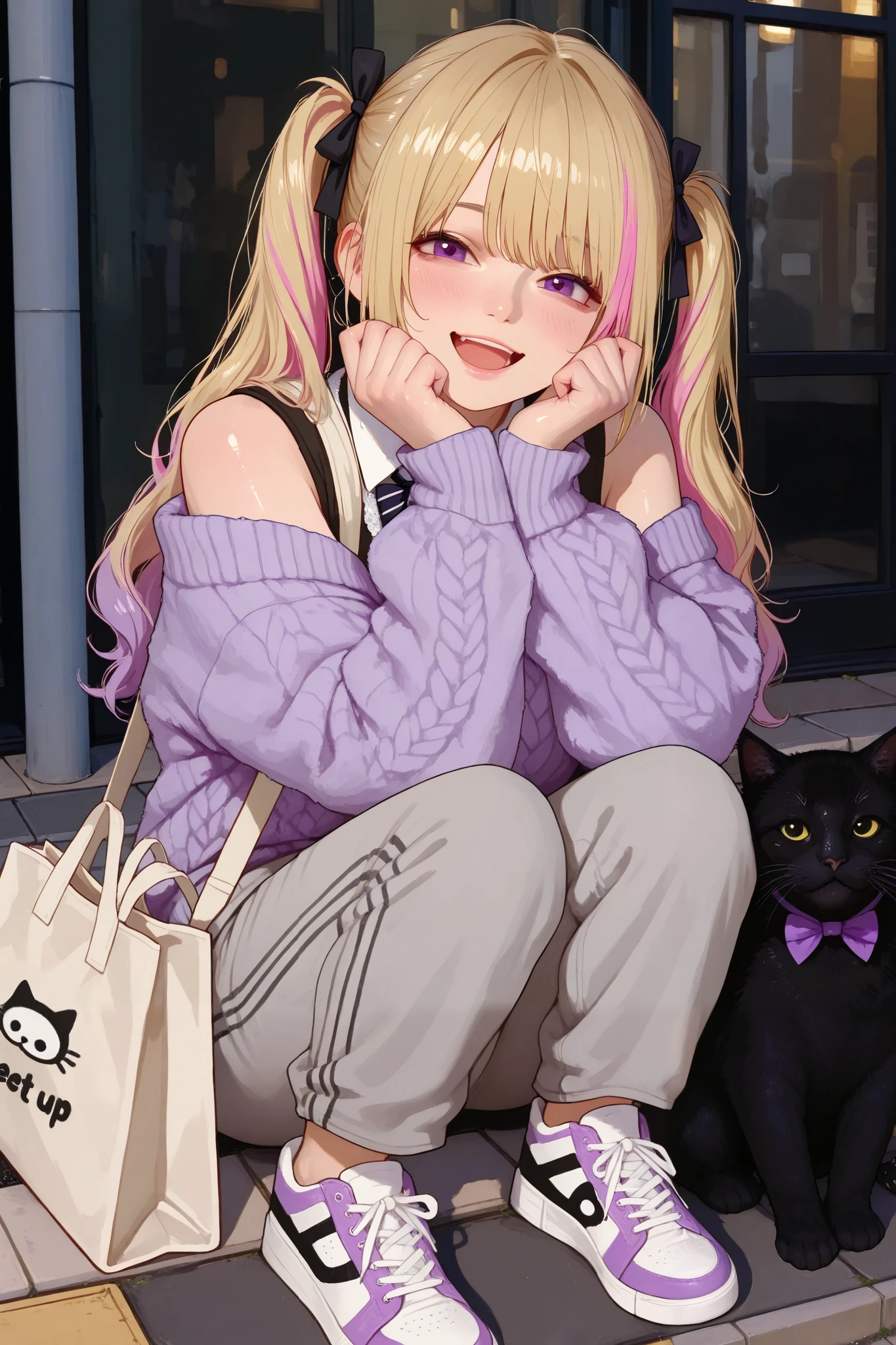visually striking Japanese gal,1girl\(happy smiling,open mouth,hairstyle\((Smooth multi-colored twin tails,blonde color and purple color with pink highlights,Right-swept bang),The ends of the hair have soft curls, and the texture is rendered with detailed, ultra-realistic precision\),covering face both hand,happy smile,Transparent white skin\), stylish and confident girl strikes a bold pose, outtfit\(oversized knit sweater with black and white horizontal stripes forms the centerpiece of this casual outfit. The sweater features distressed texture with slightly frayed edges and dropped shoulders, emphasizing its loose and cozy fit. It is paired with light gray sweatpants in relaxed fit, completing a comfortable and laid-back look\), The outfit is accessorized with large beige tote bag featuring, picture of a black-cat\((Human-like giant fat cat:1.2), 748cmstyle,trk,realistic, fluffy and shiny fur, bow tie\),and casual sneakers add to the effortless vibe\),her posing on the sidewalk of a busy street in Japan,feel a bewitching and sexy atmosphere from her,photorealistic