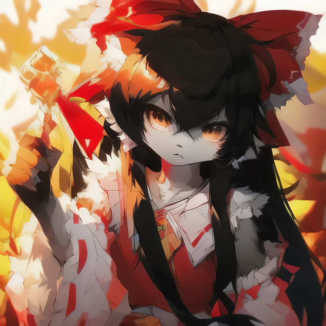 Masterpiece, gray wolf, 1 girl, ((hakurei reimu \clothes\)), serious, stop, smooth hair, gray wolf tail, gray wolf ears, black hair, long hair, ((red bow behind the head))