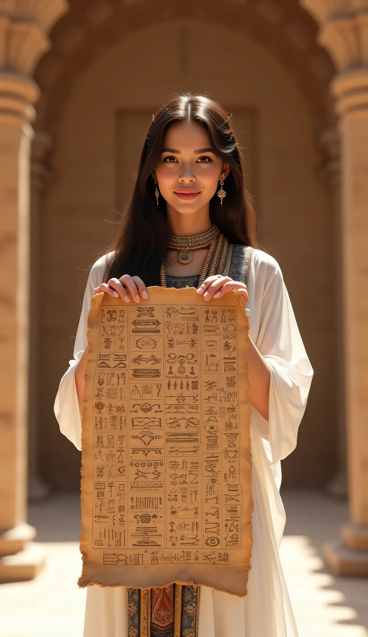 A symmetrically balanced distance wide angle image set in ancient Egypt time era. The scene features a lively, luscious, and shapely anciently Egyptian woman, a folk Egyptian, with a blush and a smile, traditionally dressed in a shaped of anciently full coverage traditional folk tight dress, Egyptian dress. She is holding and showing up an ancient large length size of sheet hieroglyph of papyrus, which are intricately highlighted large size of papyrus. The image is centered with wide central leading lines, and the scenery is that of inside the ancient Egypt palace. The lighting is soft, with the fullest depth of field. The woman's hands are realistic with accurately depicted human fingers, and her hair is shiny. The overall style is that of modelling photography, with influences from Artstation, Deviantart, and Unreal Engine art. The image has a ultra realistic upscale detailed 3D lifelike computer graphics feel, with elements of sandalPunkAi artwork.(ultra realistic, lifelike, hyper-realistic, photorealistic texture depth).