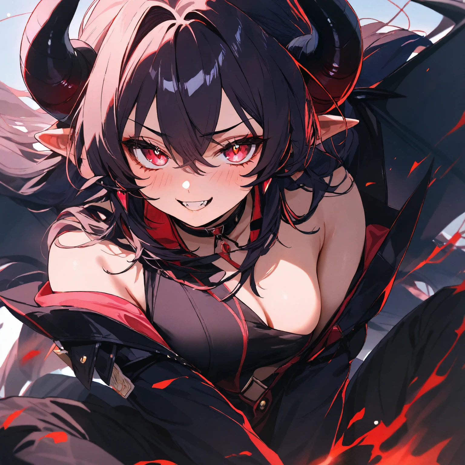 anime girl with horns and a black dress posing for a picture, demon anime girl, beautiful succubus, succubus in tight short dress, seductive anime girl, demon girl, succubus in sundress portrait, portrait of demon girl, portrait of a female demon, anime goddess, succubus, beautiful elegant demon queen, anime monster girl, mika kurai demon