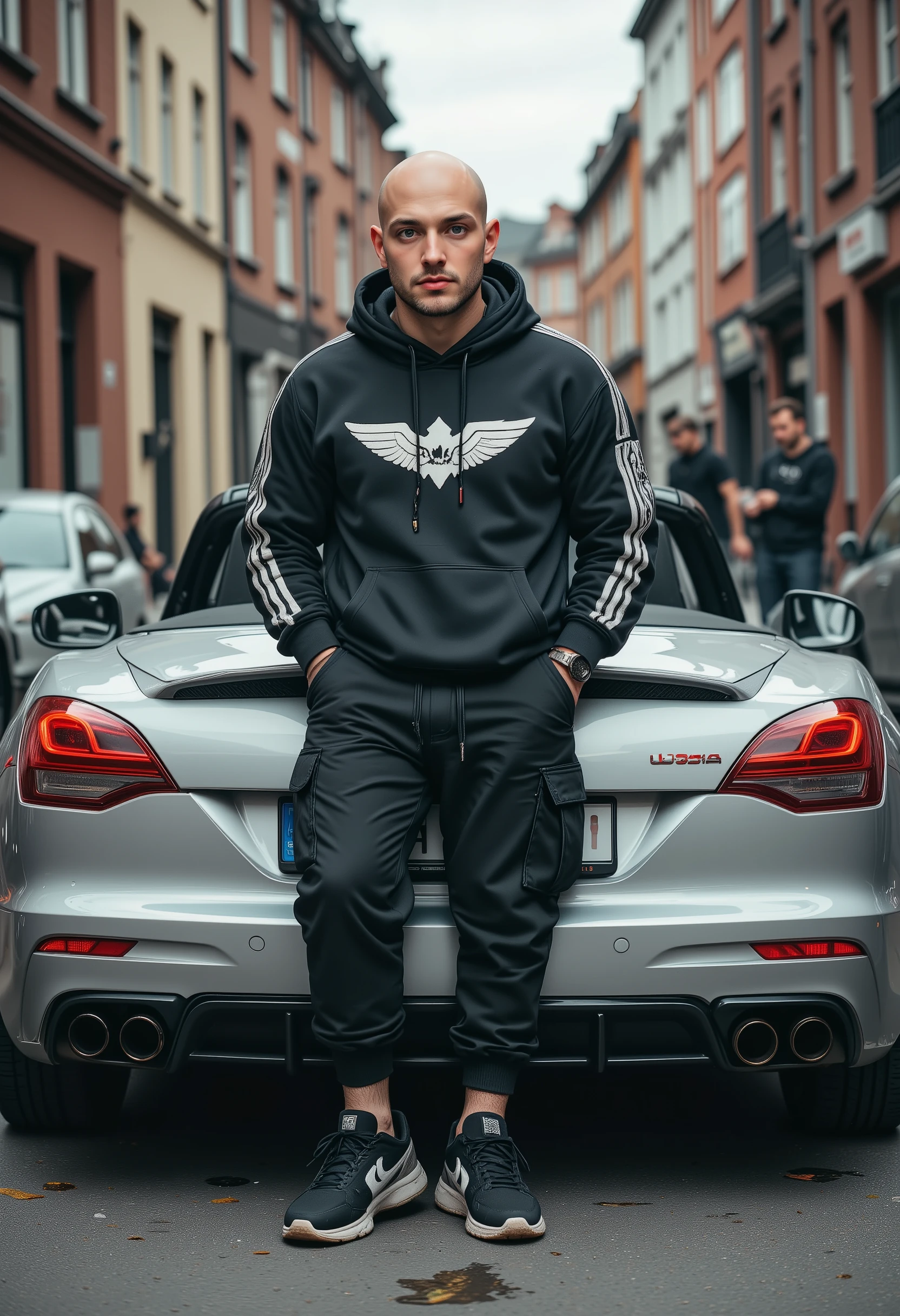 Young bald white European man with an unshaven athletic build dressed in hip-hop style. Standing on a city street near a silver sports car .
