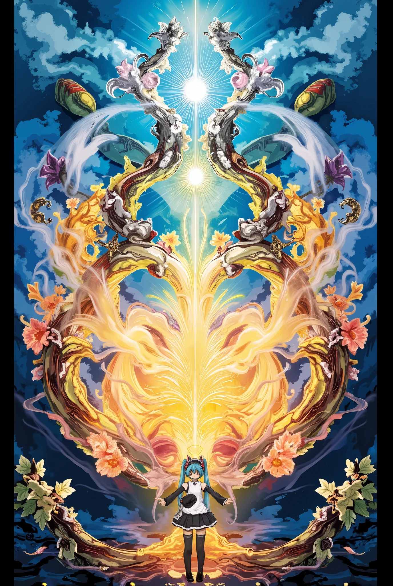 ( masterpiece、 top quality、 top quality、 Official Art、 beautiful and beautiful :1.2)、( one girl:1.3) Hatsune Miku、 twin tails, on hands, elements with golden accents that emit light. use an explosion of blue expressive colors to evoke the creation of life , Yellow, red, white, pink, black, Green. Paintings、 features symmetrical, highly detailed textures with golden accents that give off light. elements of the sky that merge and intertwine , water, , and Earth ( ) symbolized in the shape of a flower 、Fusion、 describe . make compositions ethereal and brilliant , capture the essence of life born from elemental forces .