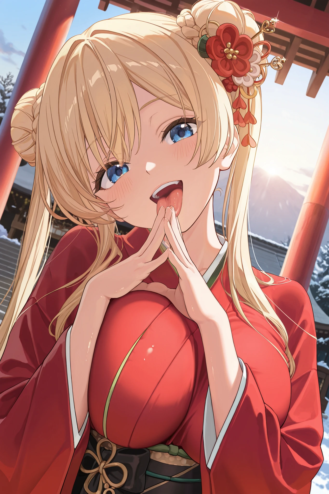 Masterpiece, top quality, great quality, very aesthetic, Hi-Res, super detailed, is ridiculous, latest, scenery, new year shrine visit, cinematic lights that fit your body type , 1 GIRL, cute, Alone, blonde, long hair, braided bun, red flower hair stick, blue eye, staring at viewers, 片eyeを閉じた, big smile, open your mouth , Medium Boobs, traditional red kimono , Dutch Angle, upper body, Twisted Pose , head tilt, own hand together, hand to the side, depth of field, shrine, Sunrise, backlight, sunlight filtering through the trees, fine fabric emphasis, rimlight, focus on face , break, very detailed clothes , eye, hand, refer to, lips, detailed eye, shiny skin, detailed skin, detail hair to lick your ass , Masterpiece, top quality, great quality, very aesthetic, Hi-Res, super detailed, is ridiculous, latest, scenery, Stereo lighting ,refer toは5本, twin tails,Snow Day