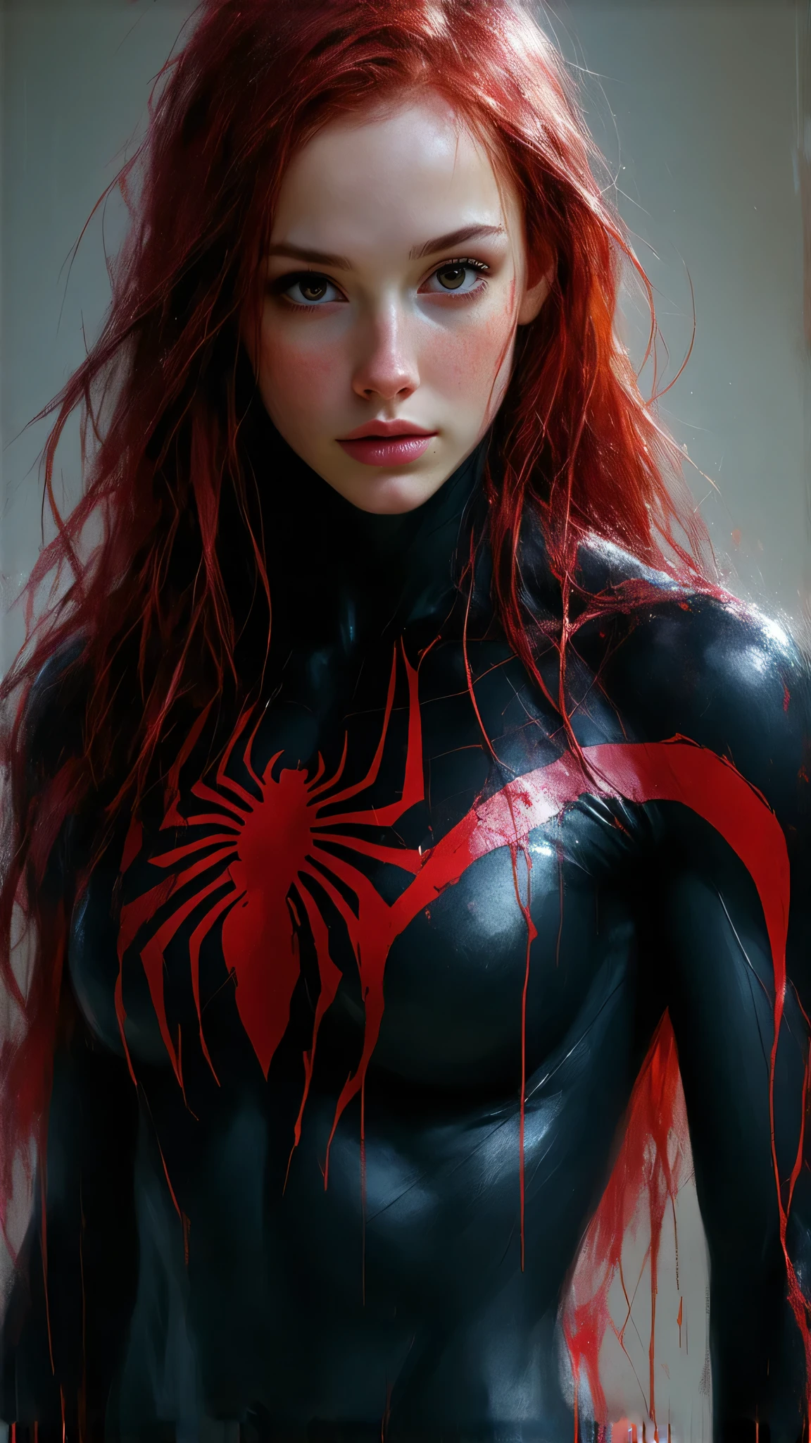 Dark Fantasy Art of <lora:Symbiote:1> Cinematic Film stock footage in (arri alexa style) Kodak film print,
a woman with red hair and a spider carnage costume symbiote style, dark, moody, dark fantasy style
