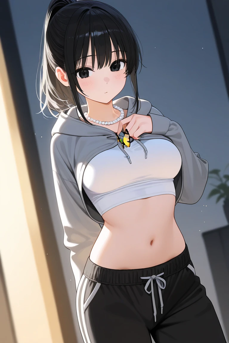 crop top, Oppai, 1 fille dans, Seulement, Seulement Focus, Tir de cow-boy, portrait, oversize hoodie, sweat à capuche, cheveux brun, ((yeux roses)), Ultra detailed eyes, emploi, (Peau noire caramel:1.1), best quality, Ultra-detailed, fond blanc, fond simple,culotte blanche、