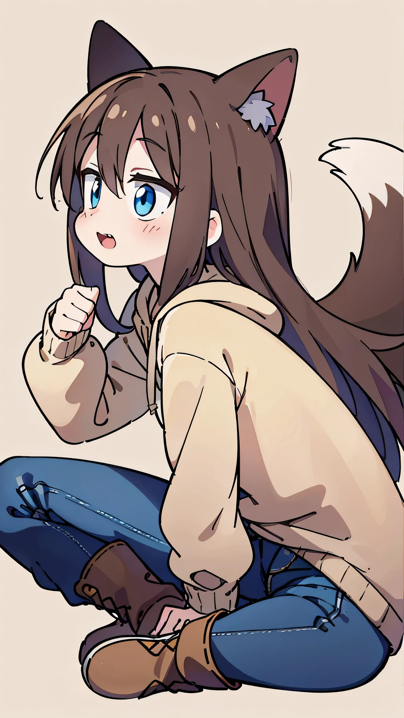 anime style 、 fox ears、 blue eyes、 brown hair、 long hair、 woman、 Beige Hoodie 、 jeans、 boots、 double teeth、 profile、I'm moved、Hands together
