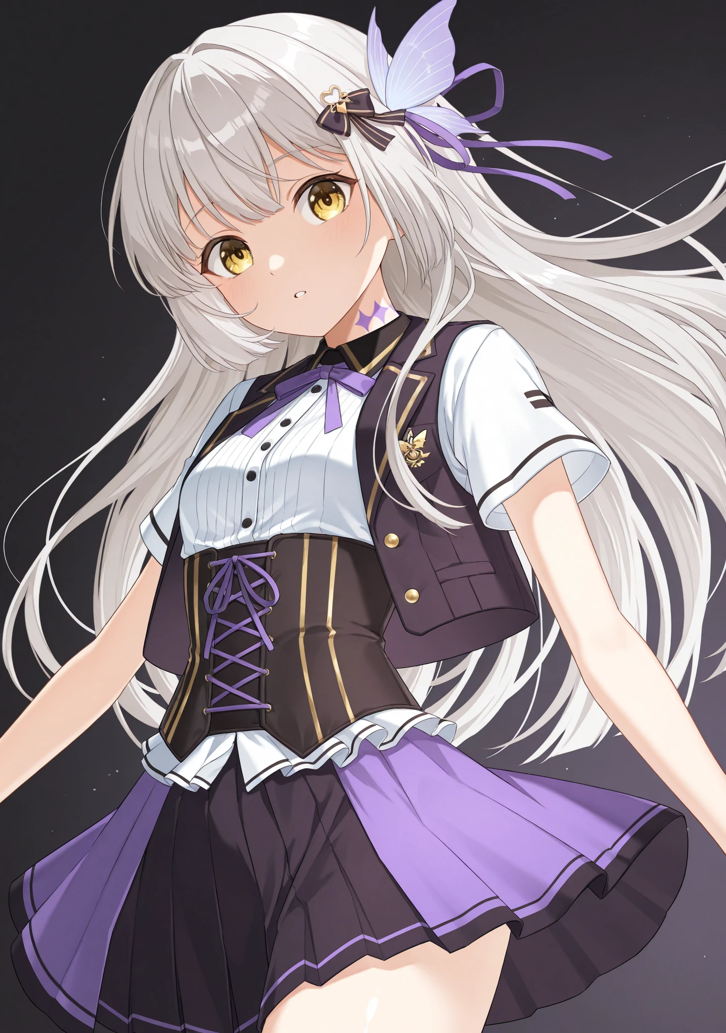 Girls, gray-haired, long-haired, yellow-eyed, small breasts, goldfish hair ornament, sidelocks, grayorange-haired, shiny hair, modern uniform, (golden eyes: 1.2), (two long triangular extensions on the skirt, vest corset on the stomach), white buttons of the vest corset, (stripped shirt with short sleeves under the vest corset), (sleeves ends closer to the arms), (thick purple ribbon of black hue color on the neck), ( long magentagreen skirt),