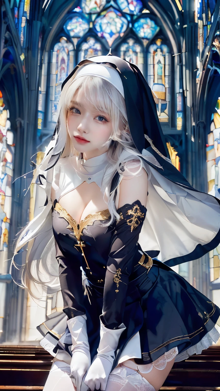(((A stunningly beautiful young woman, dressed as a gothic nun, standing in a grand cathedral filled with intricate stained-glass windows.))) She has long, flowing silver-white hair and captivating blue eyes. Her expression is gentle yet enigmatic, with a slight smile. Her outfit is an elegant, form-fitting nun’s habit with black and gold embroidery, detailed lace, and delicate white gloves. The fabric has a soft sheen, catching the ambient light. She wears a black veil with a silky inner lining, partially covering her hair.
Her pose is slightly leaning forward, hands clasped near her knees, giving an innocent yet alluring presence. The high-resolution details emphasize realistic skin texture, soft natural lighting, and the finest fabric folds. Her legs are adorned with lace garter stockings, subtly visible under the skirt.
The cathedral setting is grand and majestic, with towering stained-glass windows casting colorful light reflections on the stone floor. Sun rays stream through the glass, illuminating dust particles in the air. The ambiance is serene yet slightly mystical.
(((Ultra-realistic, hyper-detailed, cinematic lighting, photo-realistic, 8K UHD, masterpiece, high dynamic range, perfect facial symmetry, intricate lace textures, flawless skin rendering, volumetric lighting, soft focus highlights, detailed eyelashes, natural hair flow, golden accessories, high-end fashion look.)))
