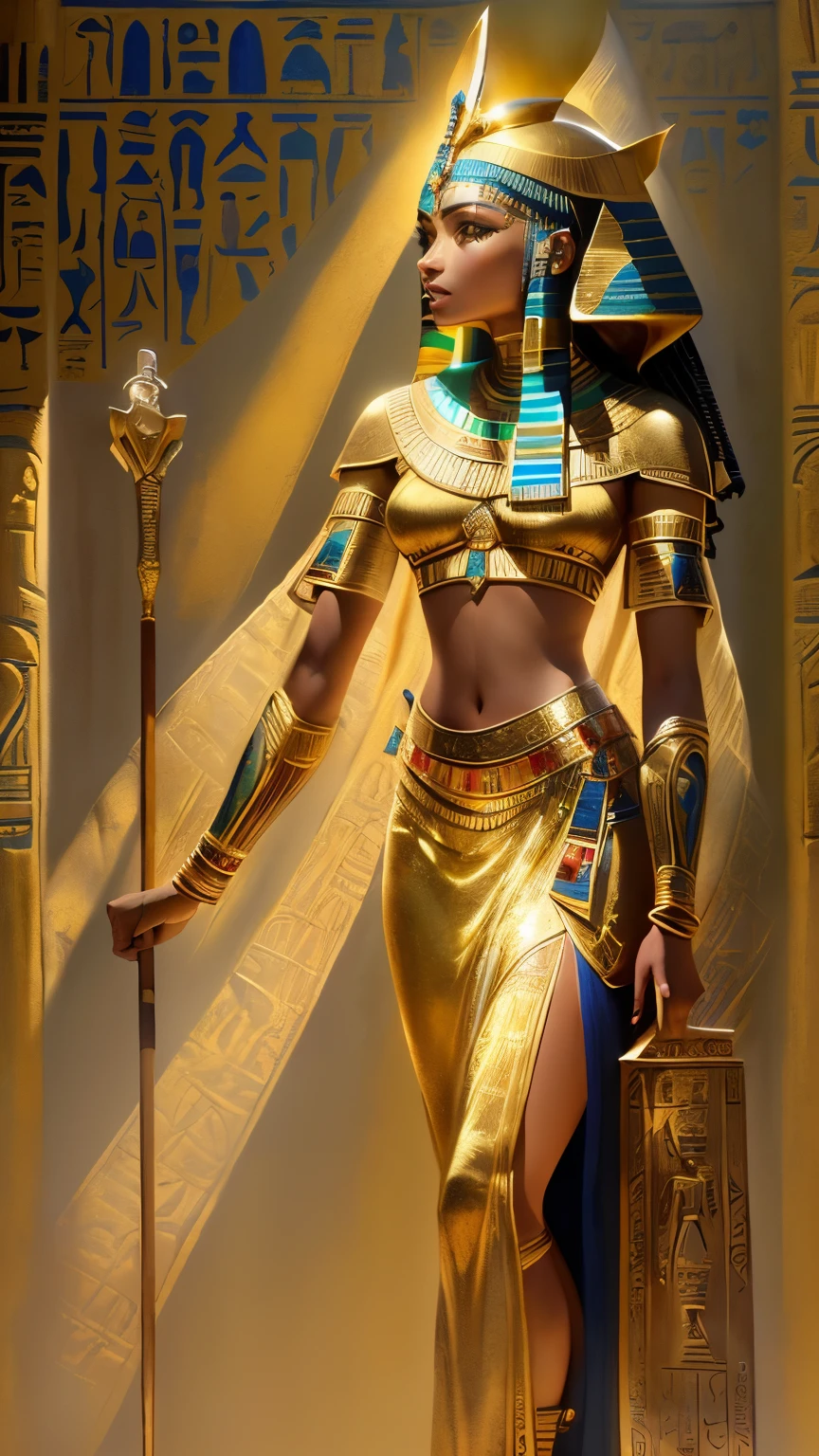 (Sculpture style, ultra-realistic) A beautiful Egyptian woman with a hot and dominating look, standing tall in a full-body pose that's both alluring and powerful.