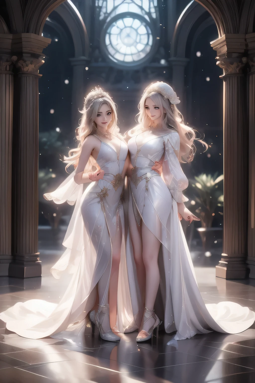 A beautiful dance on ice featuring two girls, dressed in glossy dresses, realistic and fantastical atmosphere, ethereal lighting, intricate details, whimsical background, soft glows, elegant poses, magical winter scenery