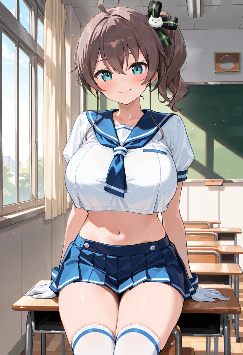 (highest quality), (masterpiece), 1080p, High resolution, 4K, 8k, Lower Body, Leg spread, Embarrassing, ((school uniform)), classroom, smile, Exposing shoulders, blowjob, between chest, Paizuri, chest, Breast compression, Panic face, Nipples, Light blue, ((stripe Bikini)), ((Micro Bikini)), Light blue, Shooting from directly below, Long black hair, Thigh-high socks, 18-year-old, Sweat