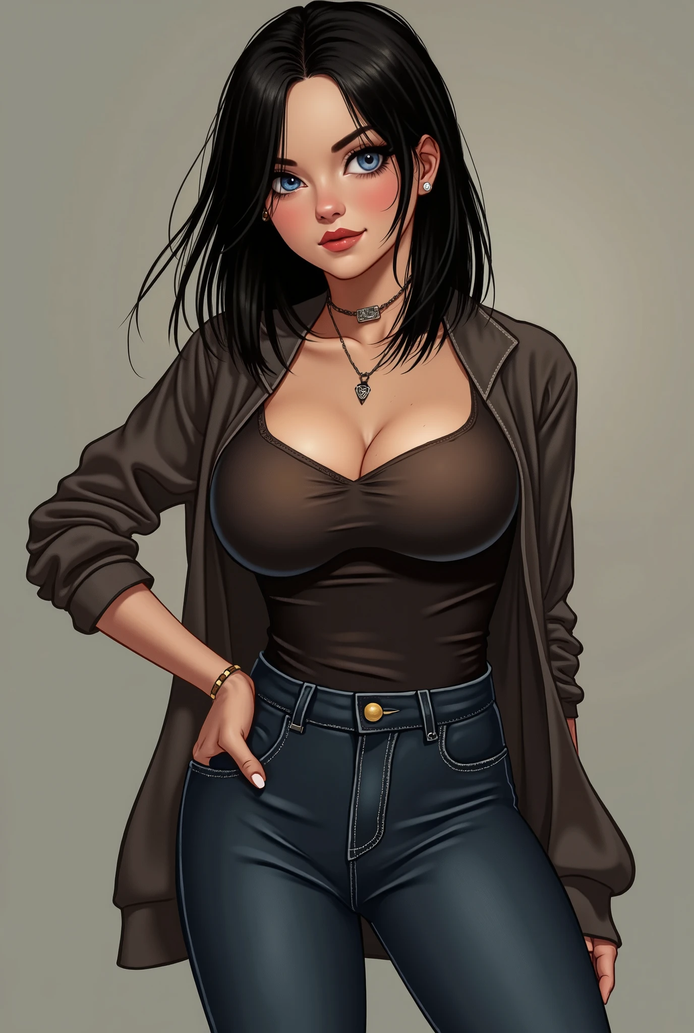 gorgeous Asian woman, vintage pin up, leather jacket, blue-black hair, denim skirt, short skirt, cleavage