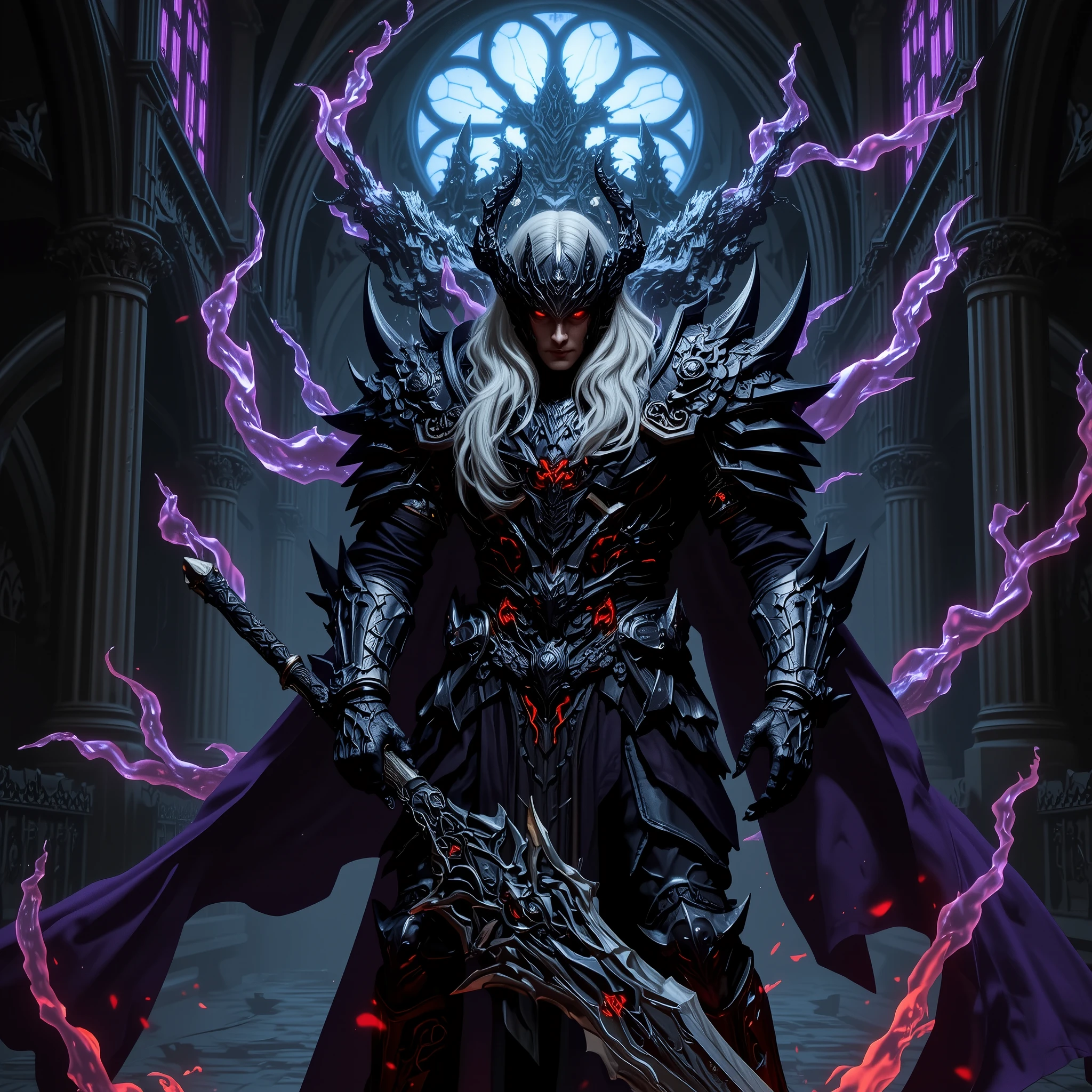 A powerful and menacing dark knight standing in a grand, gothic cathedral with high arches dark castle. The knight wears intricately detailed black armor with black accents, adorned with sharp, ornate designs. His long white hair flows dramatically, and his glowing red eyes exude an intimidating aura. He holds a massive, menacing sword with crimson glowing patterns. A dark purple cape flows behind him, and fiery purple embers surround his figure, adding an intense and dramatic atmosphere. The setting has a mystical and ominous vibe, emphasizing the knight's commanding and supernatural presence. The background is inside a gothic dark castle.