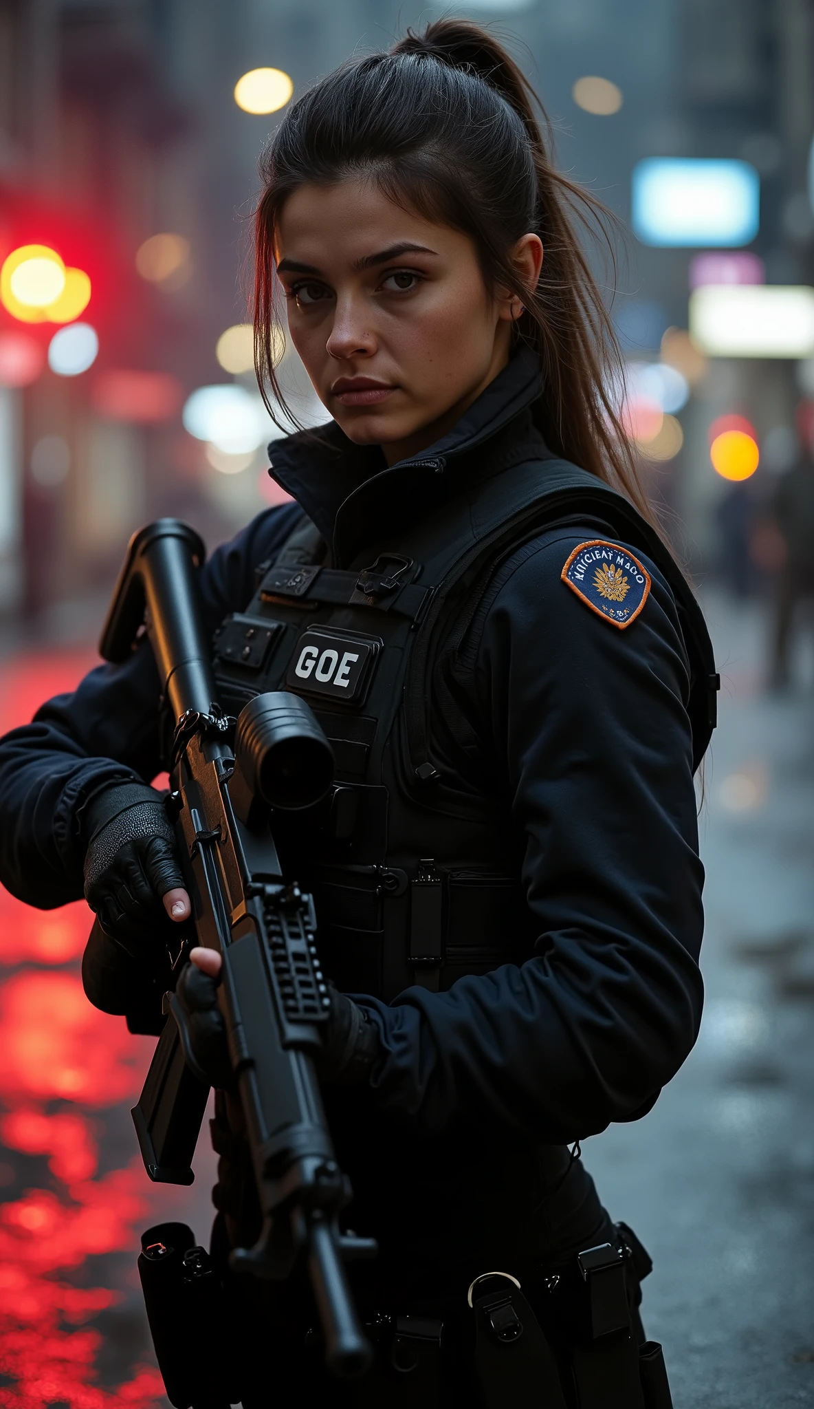 A stunning 20-year-old Argentine woman with a sharp, charismatic expression stands in a tactical stance, carefully observing her surroundings. Her piercing brown eyes scan the area with unwavering focus, her well-defined features reflecting both determination and intelligence. Her long, dark brown hair is tightly secured in a high ponytail, keeping it out of her face as she remains alert in the heat of the operation.
She wears a dark tactical uniform, designed for the elite Grupo de Operaciones Especiales (GOE), Argentina’s premier counter-terrorism unit. Over her fitted combat suit, she dons a black bulletproof vest with "GOE" boldly printed in white on the front and back, marking her as a highly trained operative. Her uniform is lightweight yet protective, featuring reinforced padding and multiple pouches carrying essential tactical gear, extra magazines, and communication devices. Fingerless tactical gloves allow for a firm grip, and a secured earpiece provides constant communication with her team.
She firmly holds an Argentine FARA 83 rifle, the country’s iconic battle rifle, its matte black frame sleek yet deadly. The weapon is equipped with a tactical red-dot sight for quick target acquisition, a foregrip for stability, and a suppressor to maintain stealth during high-risk engagements. Her pose is calculated—3/4 body, rifle held at the ready, eyes locked onto a distant point as she analyzes potential threats with the precision of a seasoned warrior.
The setting is an intense urban environment, dimly lit with flickering streetlights and the faint hum of a distant helicopter overhead. The damp pavement reflects the eerie glow of emergency lights in the distance, while the muffled echoes of radio chatter and distant gunfire fill the air. The tension is palpable, but she remains calm, poised, and ready, a true embodiment of Argentina’s elite counter-terrorism force.