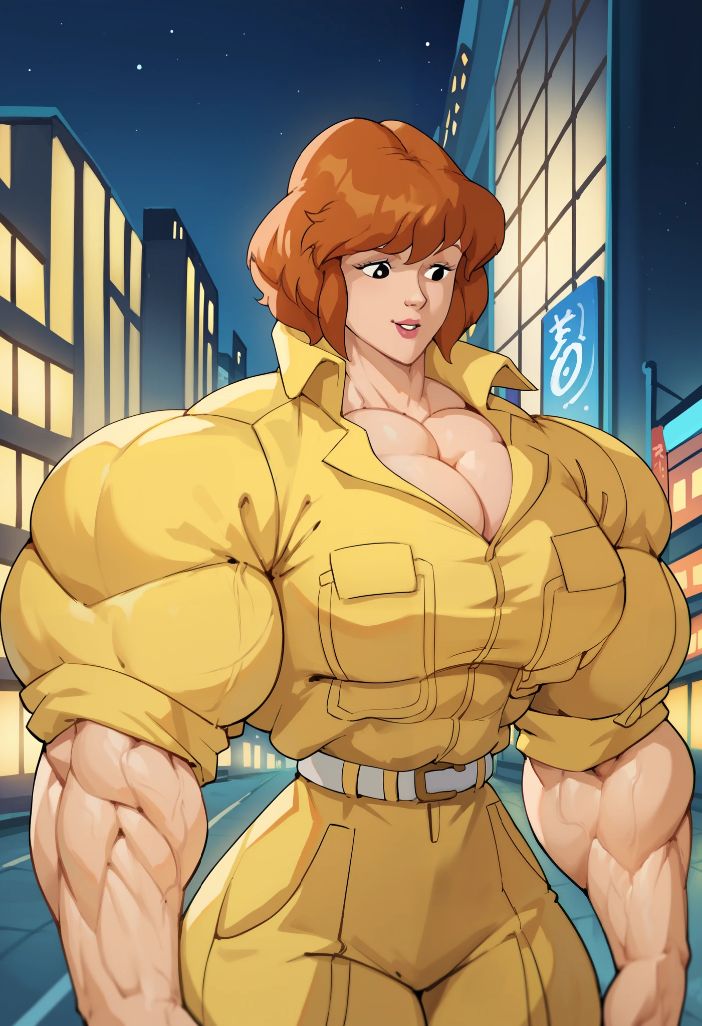 check_9, check_8_ upwards, check_7_ upwards, April Neil, yellow jumpsuit, white belt, 1 girl, One, (Night), city at Night, city background, upwardsper body, retro buildings_art style, cartoon, eastnik_ cartoon, 1990-е годы_( style), muscle girl, muscle body, huge muscles, massive muscles, huge biceps, massive biceps, oversized biceps, gigantic biceps, hyper biceps, abs, thigh muscles