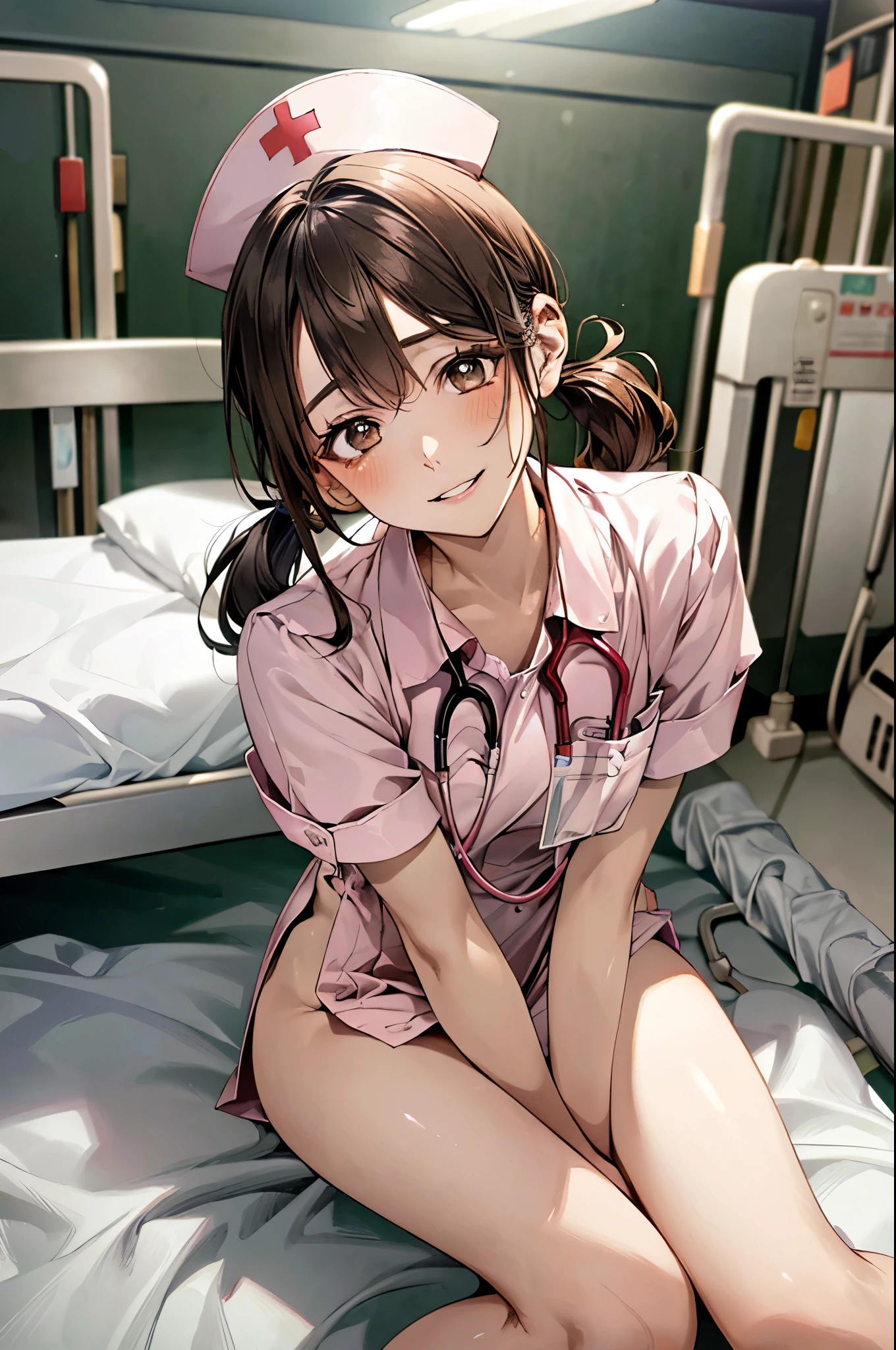highest quality、complete limbs、full finger、black haired woman、Very Shorthair Woman、Beauty busty woman:1.3、(A woman wearing a pink nurse costume)、big smile、woman wearing black tights、A woman wearing a nurse's hat、hospital、hospital room、naughty atmosphere、Woman sitting with legs open