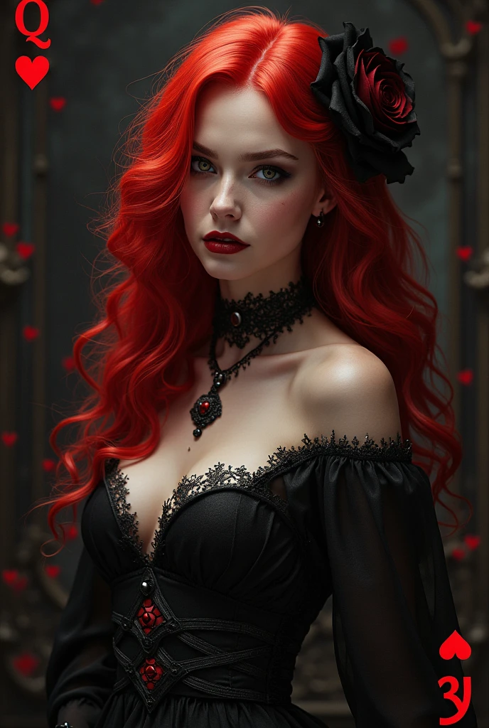 An incredibly beautiful toreador vampire, her hair is extremely red and her skin is white and delicate, she also has a lot of freckles, She is a powerful 6th generation vampire, She is Catholic and always wears her beautiful crucifix and heart necklace which is a gift from her beloved., she likes jewelry and high heels