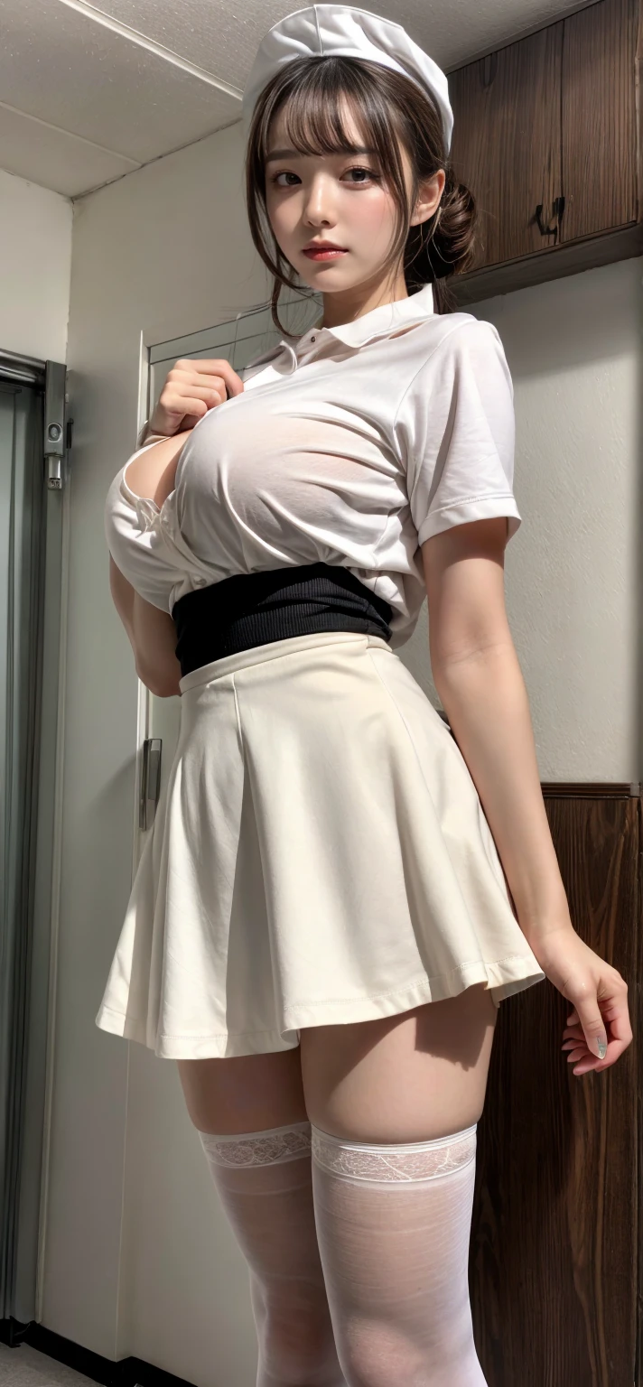 muste piece, best quality, illustration, Super detailed, fine details, High resolution, 8K,wall paper, perfect dynamic composition,(Details High quality, realistic depiction of eyes:1.3), Hospital Rooms、White nurse cap、White tights、White nurse uniform、to stand、Hand skirt、Flipping up a white skirt, large breasts,short bob hair, black hair color, Big Natural Color Lip, bold sexy pose, crying a little、cold gaze, Harajuku style、20 year old girl、cute type、lolita、beautiful legs, hposing Gravure Idol, (woman on top, from behind, straddling, sitting, heart shaped pupils)