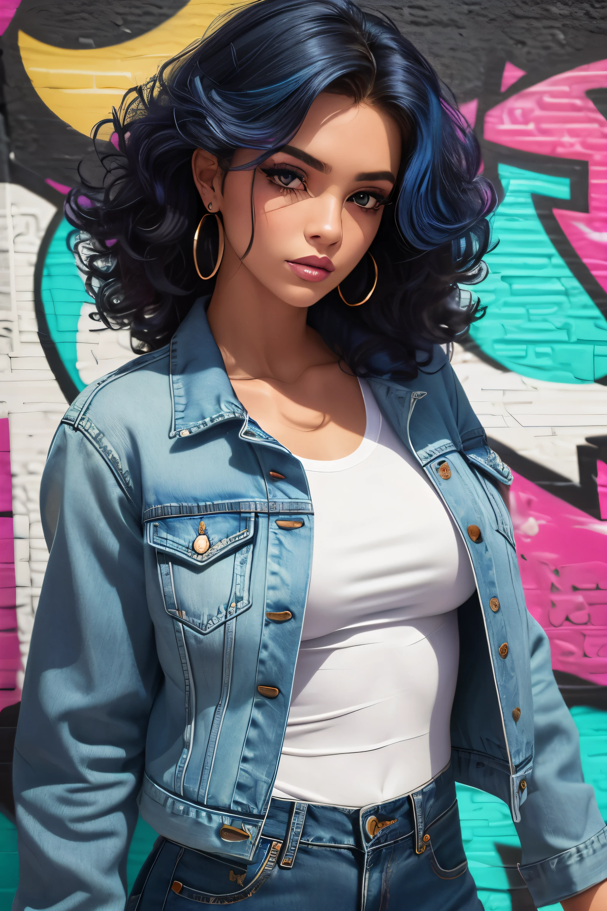 (best quality, masterpiece), 1woman, beautiful Woman, Blue_eyes, ((hair color [blue_hair], [80's style big] hair)), Medium Breasts, realistic, narrow waist, charming, colorful makeup, Smoky eye shadow, Dark Eyeliner. long eyelashes, (Tanned skin), (cute), (detailed face), detailed eyes, detailed iris, High Waist Jeans, White Tshirt, (Denim Jacket), Jean Jacket, 80s-babes, Graffiti wall