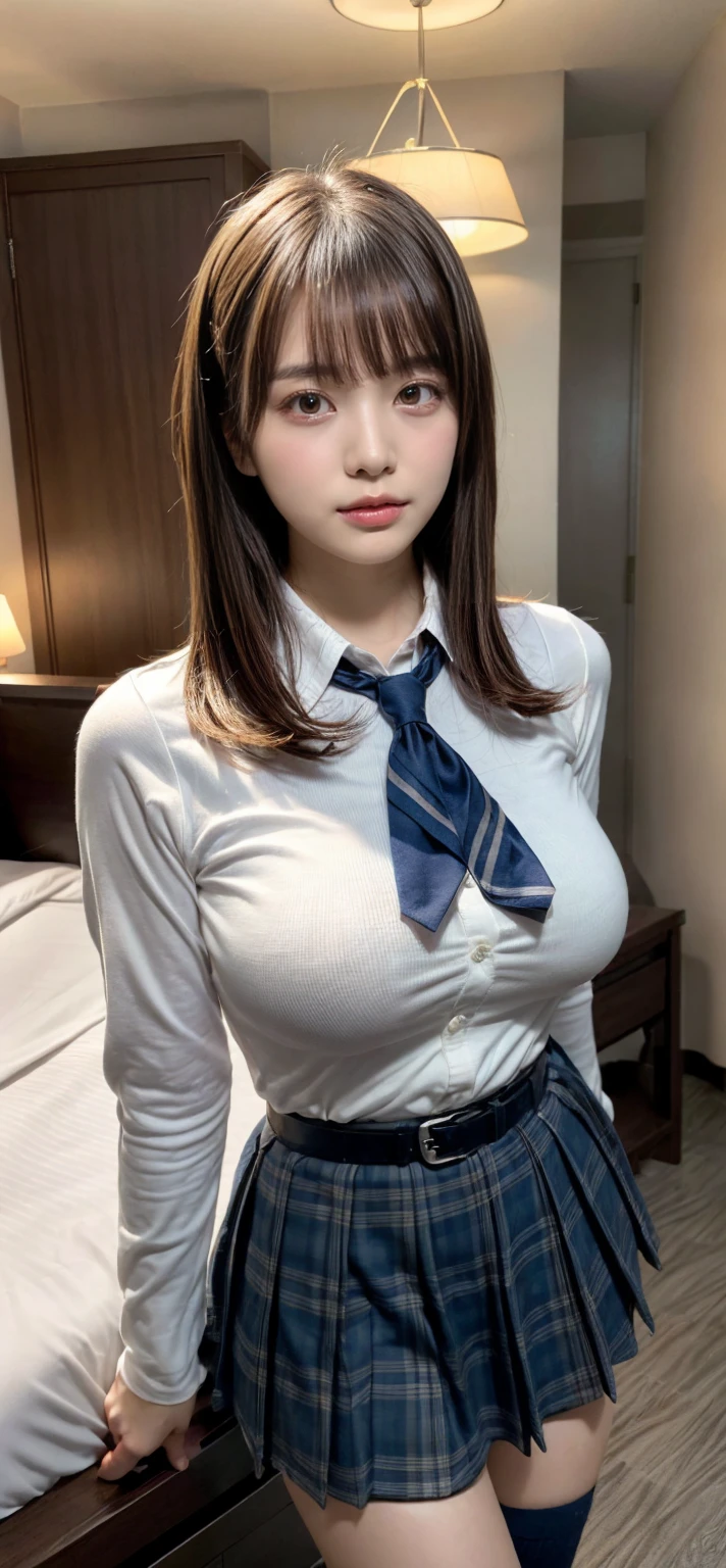 ((super high quality、High resolution、masterpiece、 Anatomically correct、Super detailed photos、Ultra-realistic photos、 Highest quality))、(1girl)、looking at viewer、Hotel room at night、(cowboy shot)、(Japanese School Uniform:1.2)、((from front))、((huge breast))、White shirt、Ribbon tie、Checkered pleated skirt、Small waist、Large Breasts、Detailed face、Perfect figure、Black Hair、Medium Hair