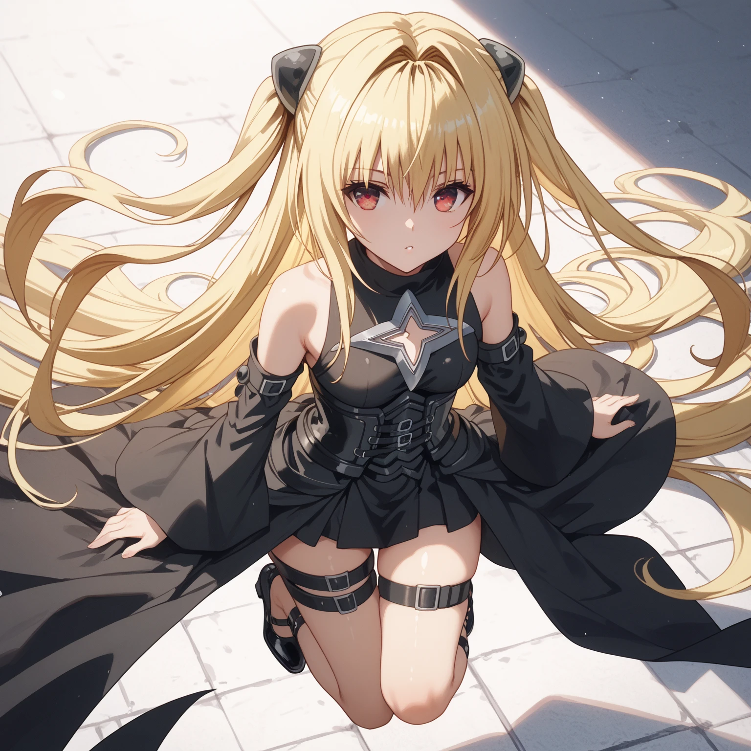 masterpiece, best quality, highres, aayami, very long hair, two side up, hair ornament, bare shoulders, black dress, clothing cutout, detached sleeves, belt, thigh strap, wariza, grass. field, night