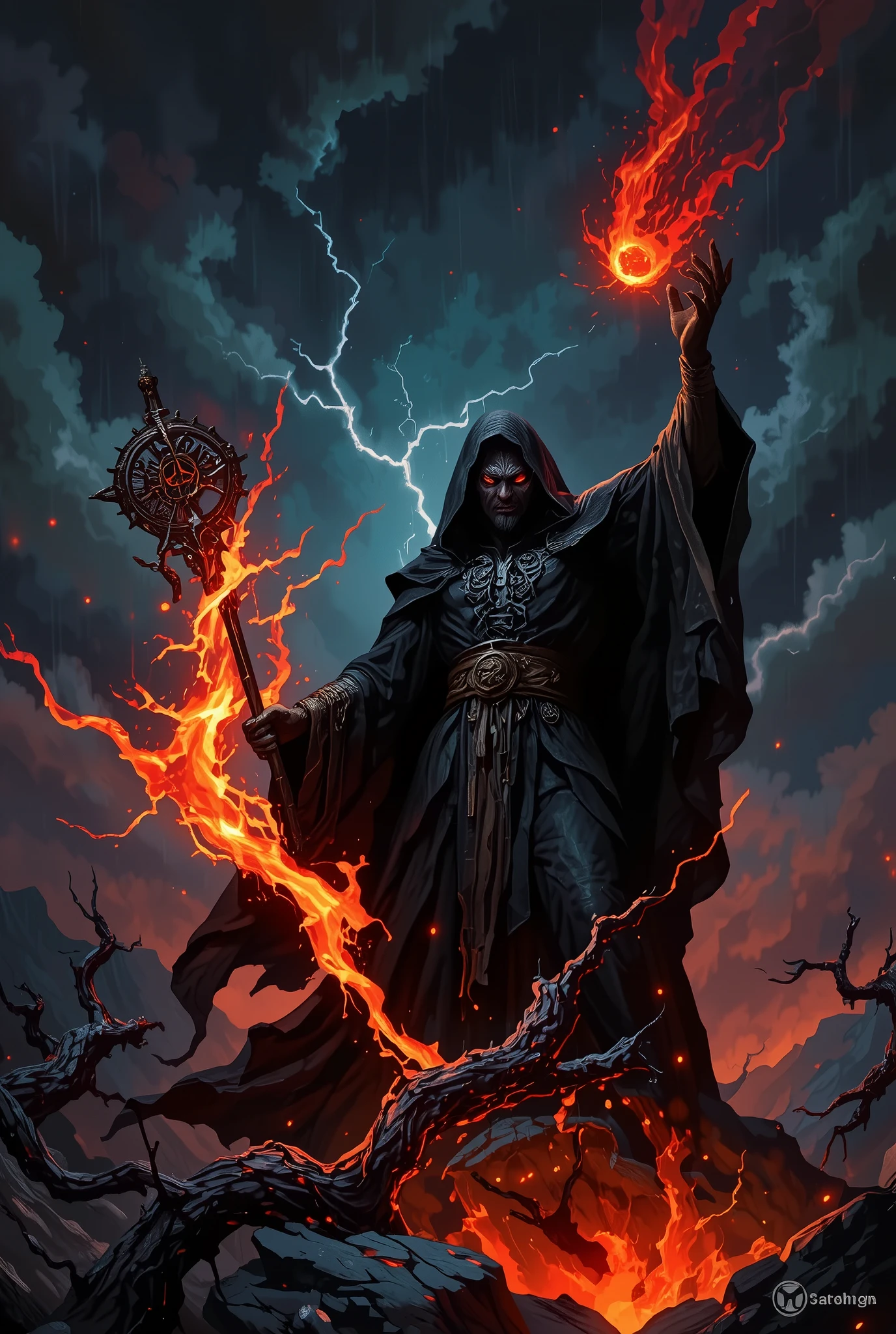 "Illustrate a dark and powerful black magician standing on a rocky cliff under a stormy night sky, wielding an ancient, rune-covered staff crackling with dark energy. With one arm raised, he channels immense magical power, summoning a massive, fiery meteor from the heavens. His flowing black robes billow in the wind, and his glowing red eyes reflect the fire of the descending meteor. The landscape below is illuminated by the eerie orange and red glow, with twisted trees and jagged rocks framing the dramatic scene. Dark clouds swirl above, crackling with lightning, as the ultimate destructive force descends upon the battlefield."