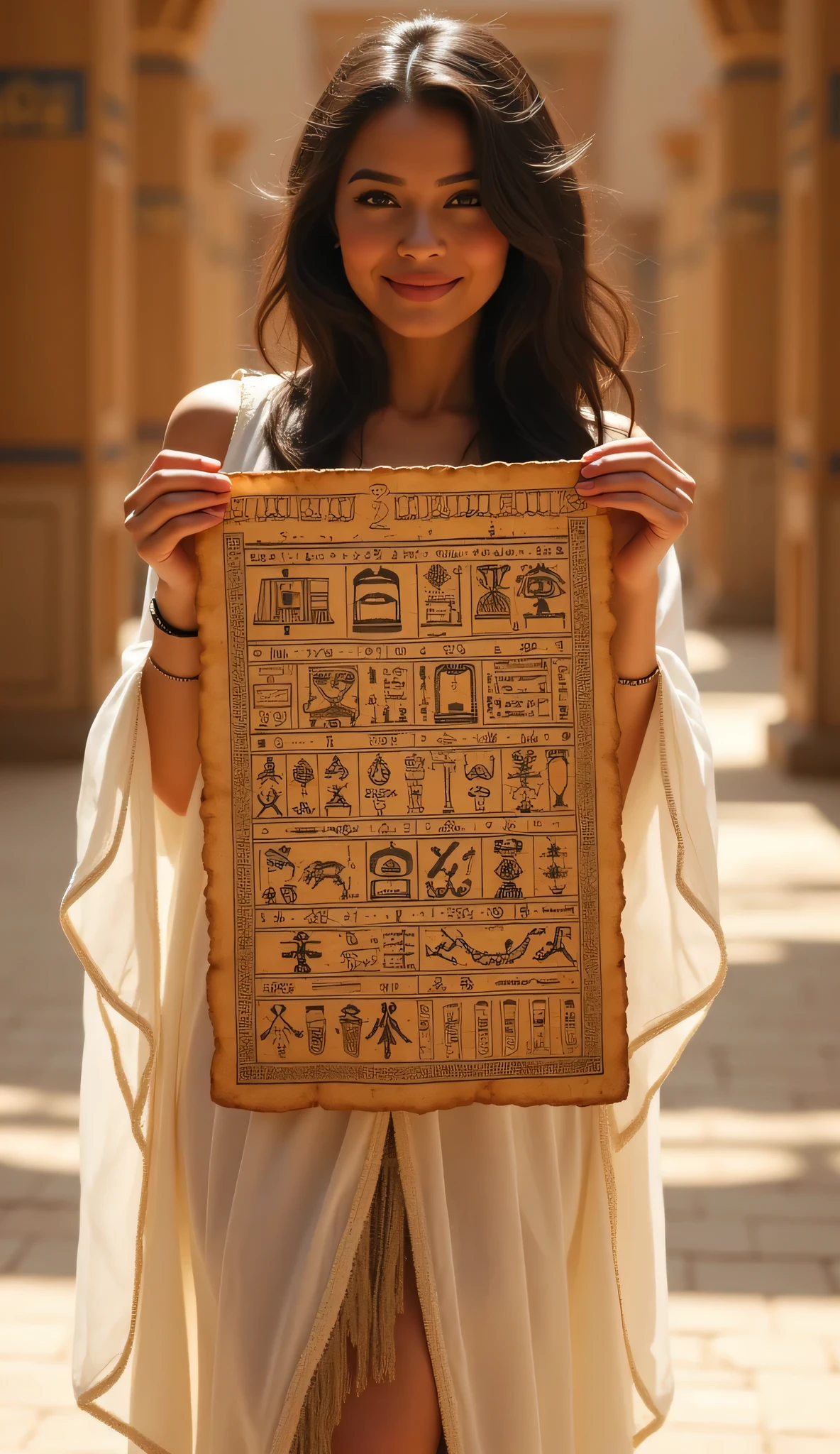 A symmetrically balanced distance wide angle image set in ancient Egypt time era. The scene features a lively, luscious, and shapely anciently Egyptian woman, a folk Egyptian, with a blush and a smile, traditionally dressed in a shaped of anciently full coverage traditional folk tight dress, Egyptian dress. She is holding and showing up an ancient large length size of sheet hieroglyph of papyrus, which are intricately highlighted large size of papyrus. The image is centered with wide central leading lines, and the scenery is that of inside the ancient Egypt palace. The lighting is soft, with the fullest depth of field. The woman's hands are realistic with accurately depicted human fingers, and her hair is shiny. The overall style is that of modelling photography, with influences from Artstation, Deviantart, and Unreal Engine art. The image has a ultra realistic upscale detailed 3D lifelike computer graphics feel, with elements of sandalPunkAi artwork.(ultra realistic, lifelike, hyper-realistic, photorealistic texture depth).