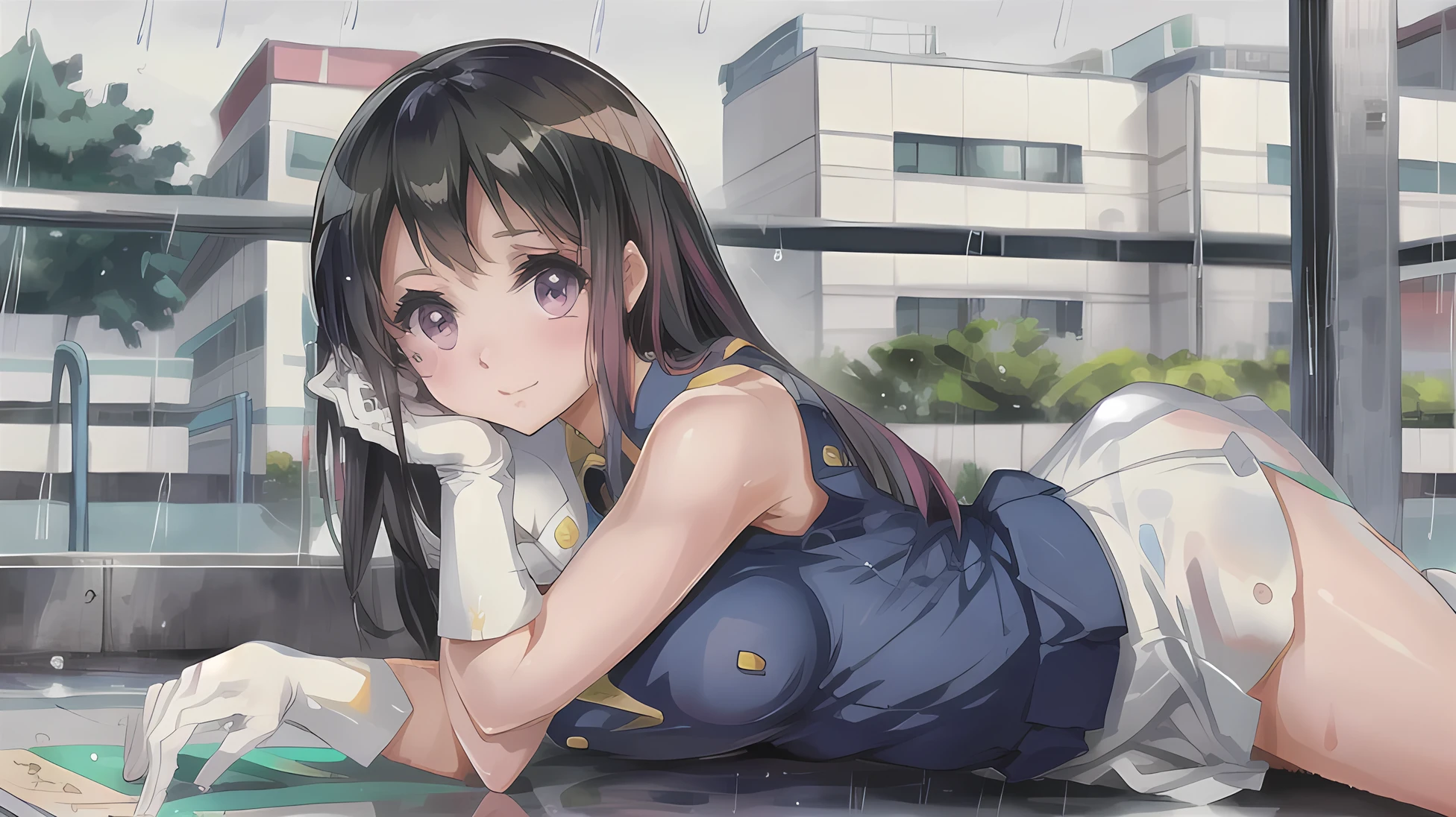 Office worker girl strikes a sexy pose in the rain
テカテカ