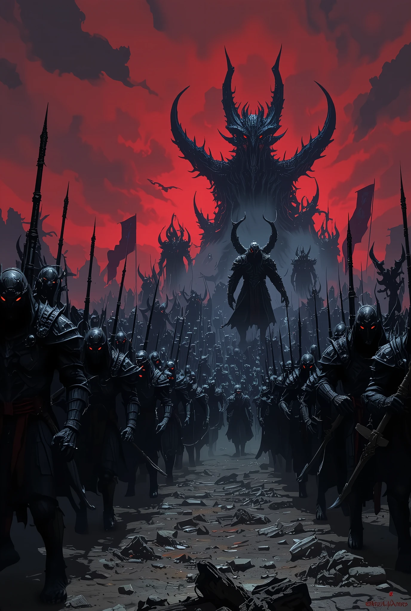 "Depict a vast, ominous army of darkness marching forward under a blood-red sky, ready for war. Thousands of shadowy warriors, clad in black armor with glowing crimson eyes, move in perfect formation across a barren, war-torn landscape. Towering warlocks and monstrous creatures march alongside them, wielding dark magic and deadly weapons. In the distance, a massive, spiked fortress looms, its banners fluttering in the howling wind. The atmosphere is filled with tension, as the ground trembles beneath the weight of the relentless, unstoppable force preparing for battle."