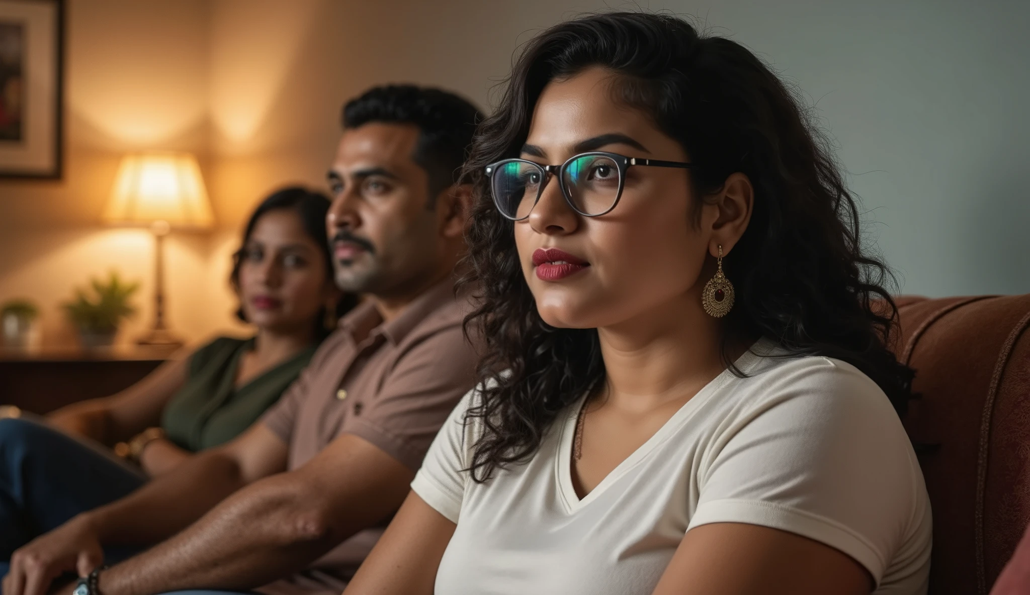 Indian 30 years old woman, curvy figure, beautiful round face, red lips, curly black long hair, wearing white t shirts,wearing glass on eyes, watching TV with her parents