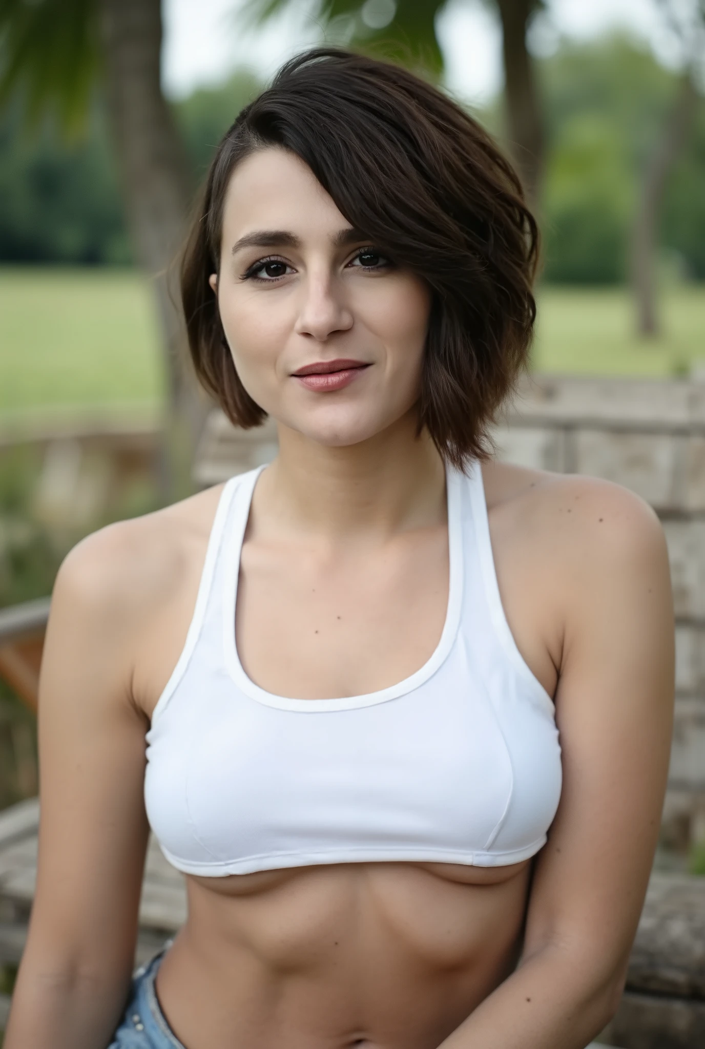 The image is a portrait of stormfront woman posing for a photo, She has brown sidecut hair, She is wearing a white tank top that shows her underboob. She is outdoors sitting in a bench. Upper body photo. She is looking at viewer. Amateur photography. She has a subtle smile.