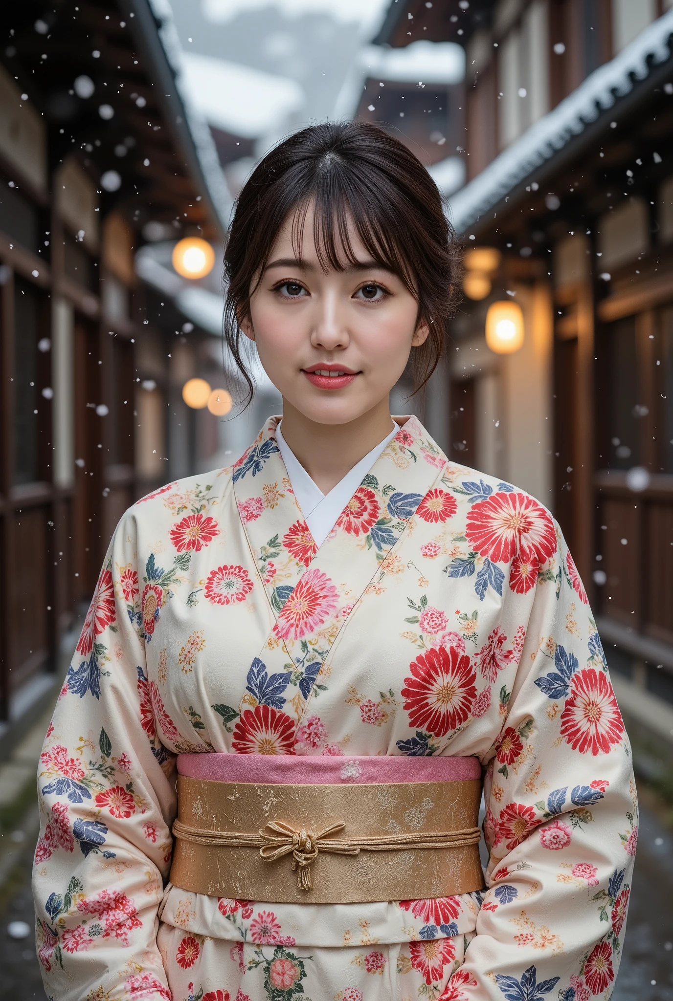 (((full body))), best quality, masterpiece, super high resolution, beautiful Japanese girl, Kind Face, green eyes, kind smile, Curvy Body, big , updo brown hair, Japanese female Cloth Outfit, Japanese kimono, In Old Japanese-style street, snow, night:1.2,