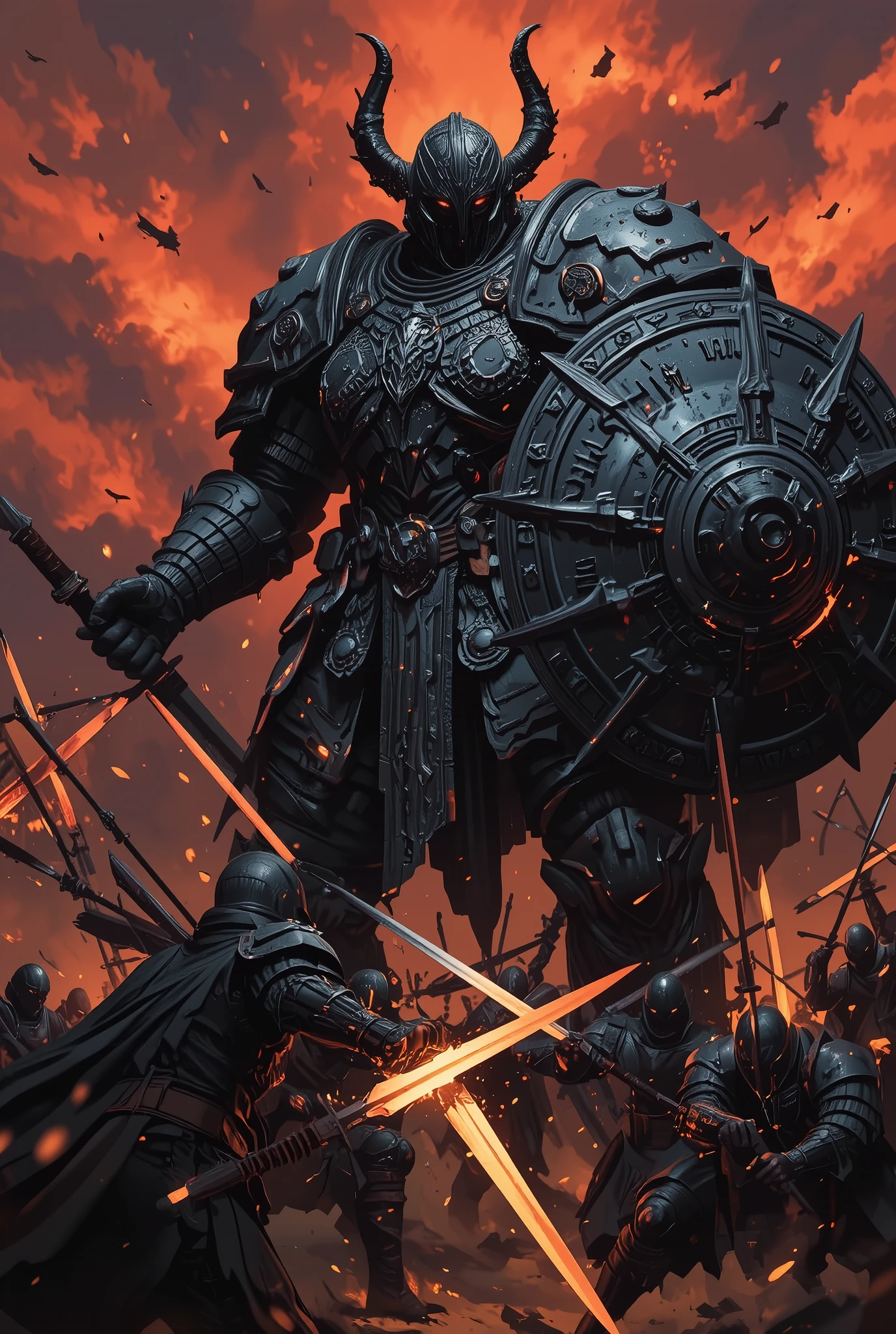 "Illustrate a towering Dusk Vanguard, a massive warrior clad in dark, intricately engraved armor, standing like an unyielding fortress on the battlefield. His enormous shield, adorned with ancient symbols and battle scars, blocks the relentless assault of hundreds of enemy soldiers. Sparks fly as swords and arrows clash against his impenetrable defense, while his glowing eyes burn with unwavering determination beneath his heavy helmet. The twilight sky casts an ominous glow over the chaotic battlefield, with dust and embers swirling in the air. Despite the overwhelming odds, the colossal warrior remains an immovable guardian, a lone titan holding the line against the tide of war."