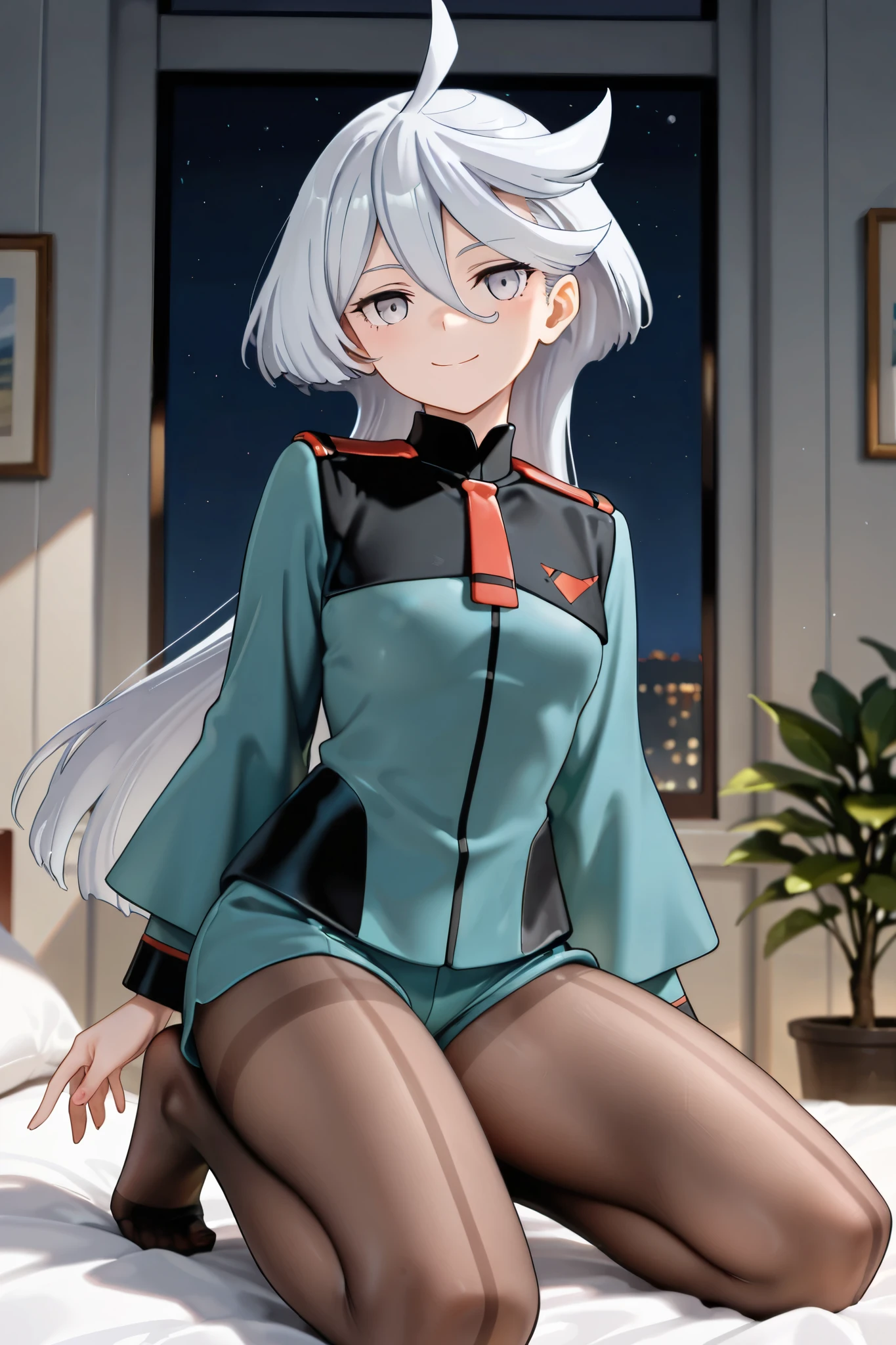 NSFW, Masterpiece, top quality, Hi-Res, Very Detailed, Miorine Rembran \(Mobile Suit Gundam: The Witch of Mercury\),uniform, shorts, pantyhose, smile,home garden