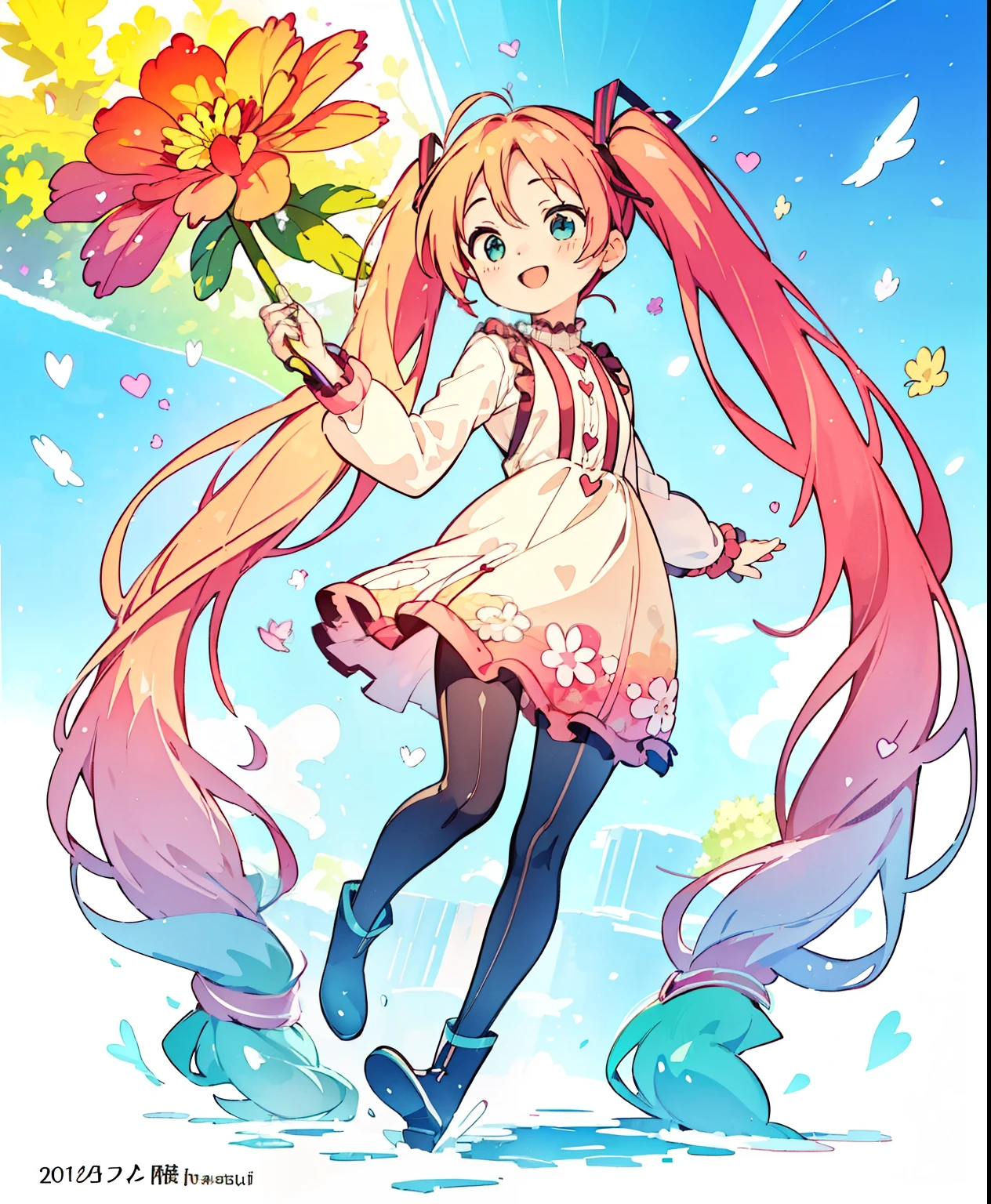( masterpiece、 top quality、 top quality、 Official Art、 beautiful and beautiful :1.2)、( one girl:1.3) Hatsune Miku、 twin tails, on hands,Stand in front of a photo、 1 girl, full body, short bob, But long pigtails, Rainbow color hair, long boots, Open Your Mouth and Smile Big、 cute pose、 flowing shimmering silk 、 wear colored tights 、 Face Up 、Look up、 heart pattern、Floral Dress、There are flowers in front of you、 Snow Scenery 、season!!: winters ☀ 🍂