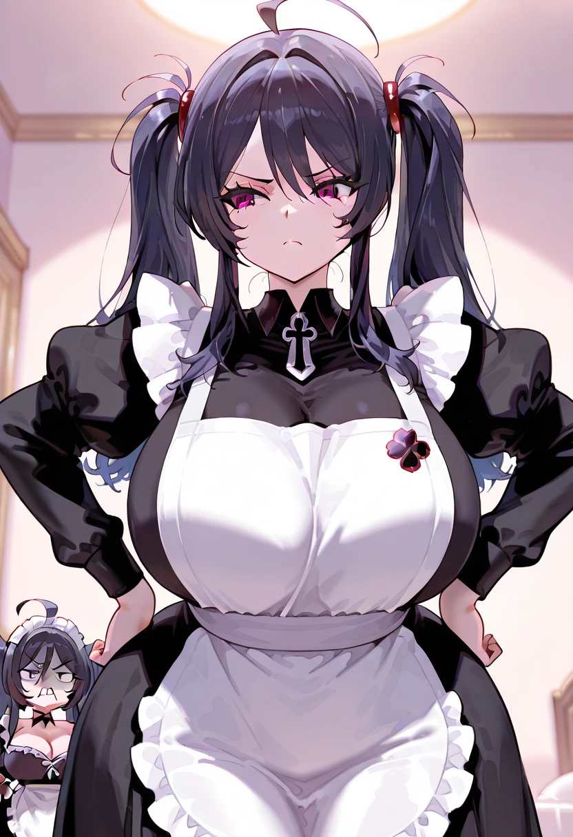 masterpiece, best quality, CG, wallpaper, HDR, high quality, high-definition, extremely detailed, lustrous skin:1.3, realistic, perfect light, 3d face, glowing eyes, shiny hair, full shot, karin \(blue archive\), very long hair, dark skin, black_dress, blue_bowtie, halo, maid, white_gloves, maid_headdress, puffy_short_sleeves, white_apron, white_pantyhose, maid_apron, pleated_dress, (large_breast:1.6, sagging breasts), black_wedge_heels, upper belly, belly, navel, ahoge, wide hips, wide pelvis, narrow waist, thigh_gap, thick dark eyebrows, thick thigh, (blank_stare:1.1, blush:1.1), (depth of field, detailed background, classroom, in class), sweat, sweat soggy,