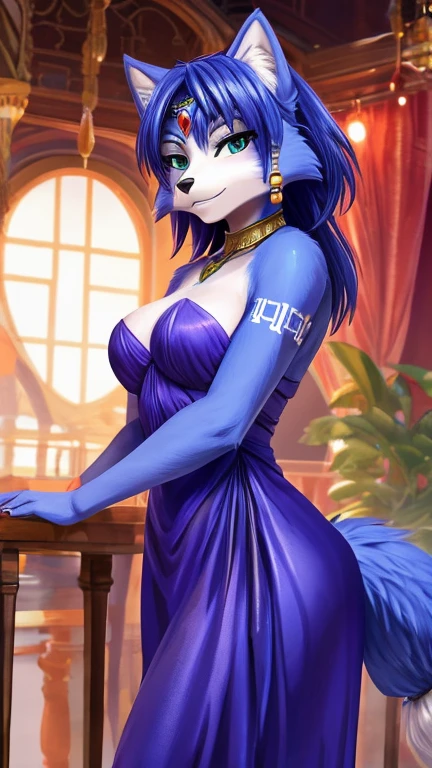 mykiio, Krystal, crown, robe, smile, holding object, wine, hand on hip, green eyes, fluffy tail