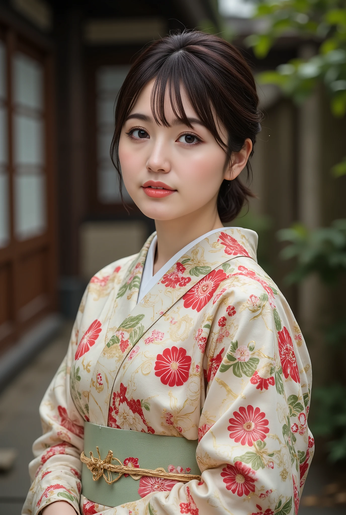 best quality, masterpiece, super high resolution, beautiful Japanese girl, Kind Face, green eyes, kind smile, Curvy Body, big boobs, updo brown hair, Japanese female Cloth Outfit, Japanese kimono, In Old Japanese-style Room, night:1.2,