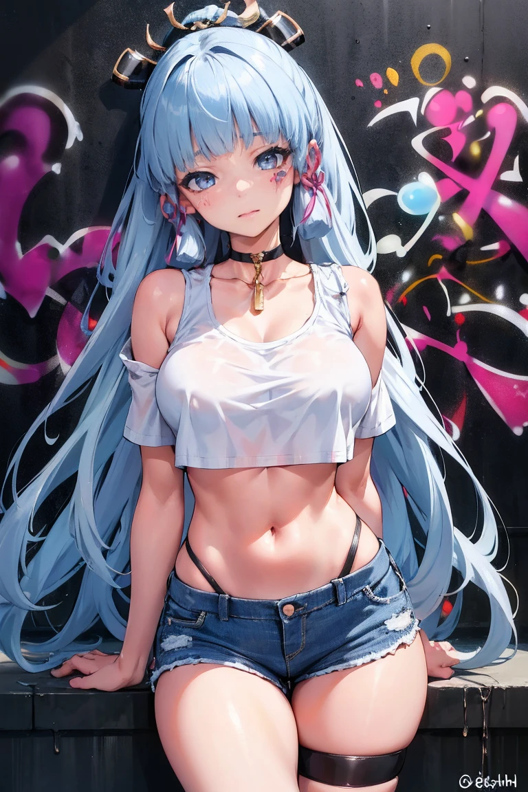 ((Gawr gura)), ((Masterpiece)), (highly saturated), (High Definition:1.3), (Professional Photography:1.2), closeup (cinematic lighting), ahoge, (flat body), ((flat chest)), (very smirk), (exposed naked nipples, exposed naked pussy), beautiful naked body, choker, (graffiti:1.5), paint splatter, against wall, looking at viewer, armpit, paint on body, bored, aqua eyes, headset,
