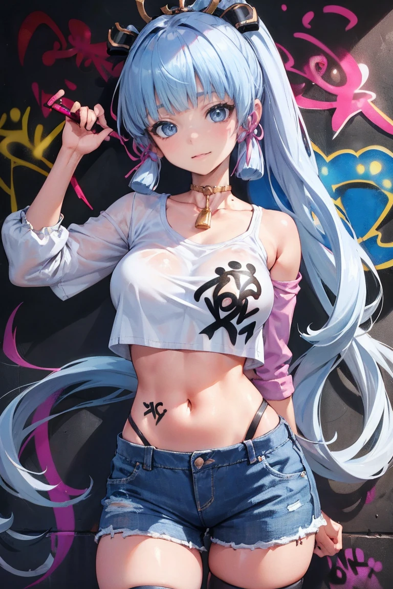 kamisato ayaka|genshin impact, master-piece, bestquality, 1girls,25 years old, Twintail hairstyle, proportional body, crop top, Long Jeans, oversized breasts, ,bara, crop top, shorts jeans, choker, (Graffiti:1.5), Splash with purple lightning pattern., arm behind back, against wall, View viewers from the front., Thigh strap, Head tilt, bored,