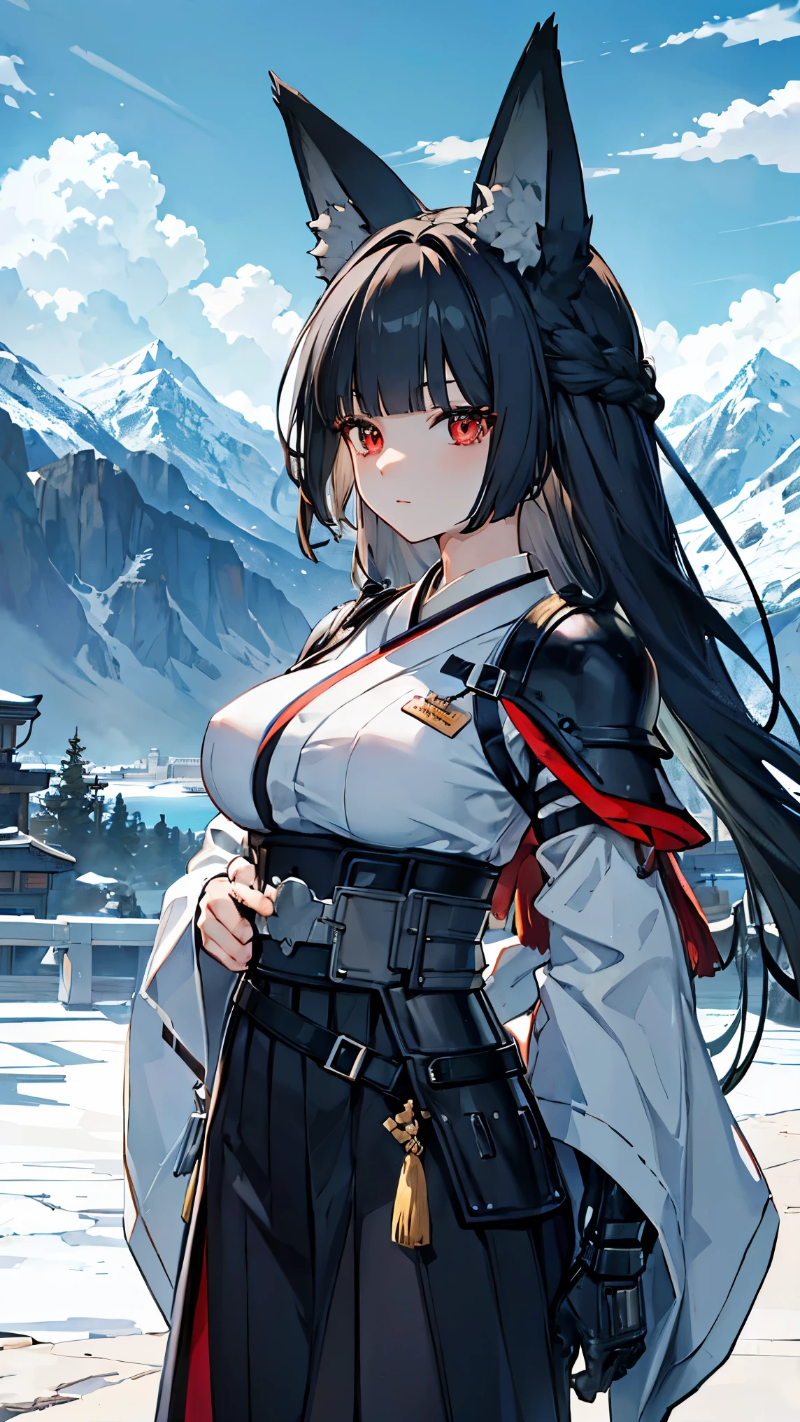 top quality、、(Whitening skin)、 black hair、 long hair、 Red、Fox Ears、Petite、 slender, kimono、Big Breasts、armor、armor武者、armor兜,Mountain,,,