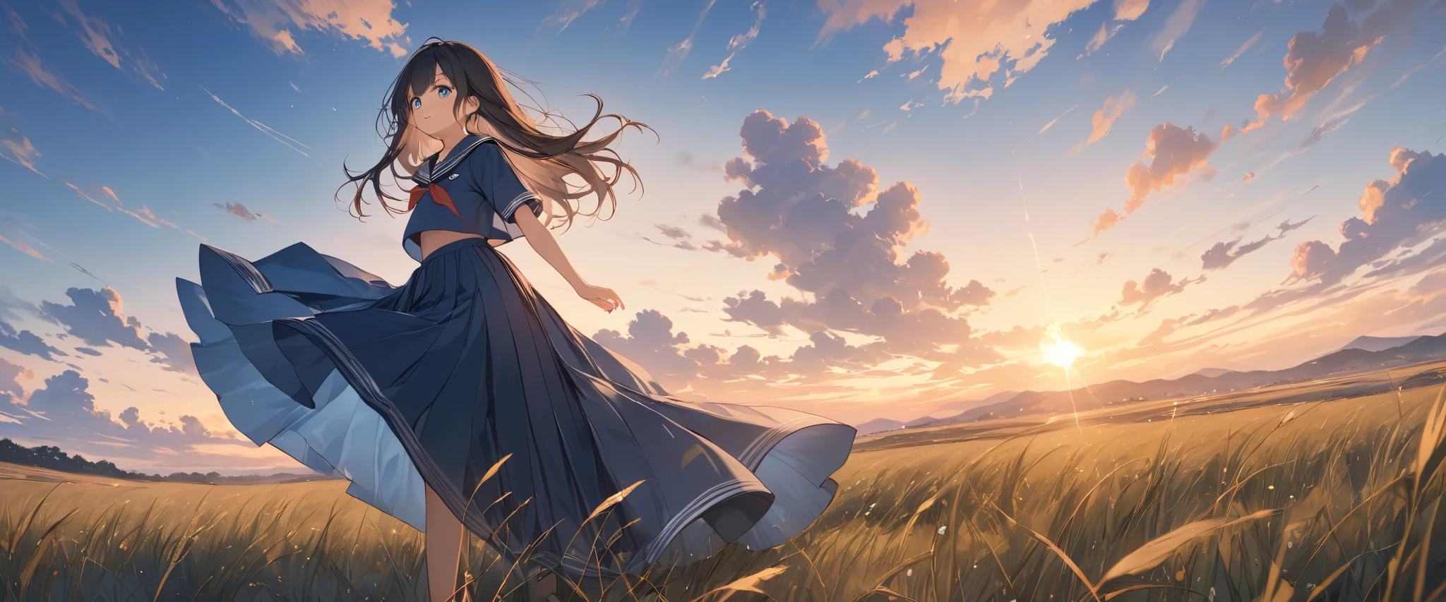 Anime girl in a long dress walking through a field of grass - SeaArt AI
