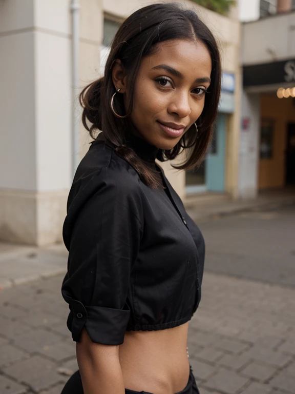 ((Dark African skin, Very deep ebony skin)), ((Its beauty is undeniable)), ((Excited cute face)), ((Hyper detailed perfect eyes,)), ((pose mignonne)), ((Langue sortie)), ((Seductive )), sexy, (( Tight-knit shirt with holes *un peu de sein visible*), shorts courts sexy)), ((Afro ponytail with long African curly hair,)), (( peau)), ((debout, vue de dos)), ((toucher ses propres jambes dans une pose sexy)), ((dehors, Ville publique)), Sharp Focus CGI, photoreallistic, High detail, Realstic, Masterpiece, absurdes, Best quality, Hdr, High quality, high-definition, Extremely detailed, 8k wallpaper, Intricate details, 8K UHD, Full-HD, (photo realist:1.2), contraste, intense illumination, lighting cinematic, natural lighting, hard light, contre-jour, Illumination globale, occlusion ambiante